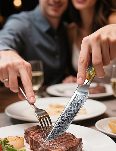 Miniatura 8 de Xuan Series Xuan - Juego de 4 cuchillos de cocina ultra afilados no dentados de 5 pulgadas, mango de acero de damasco y resina, serie Xuan (rojo