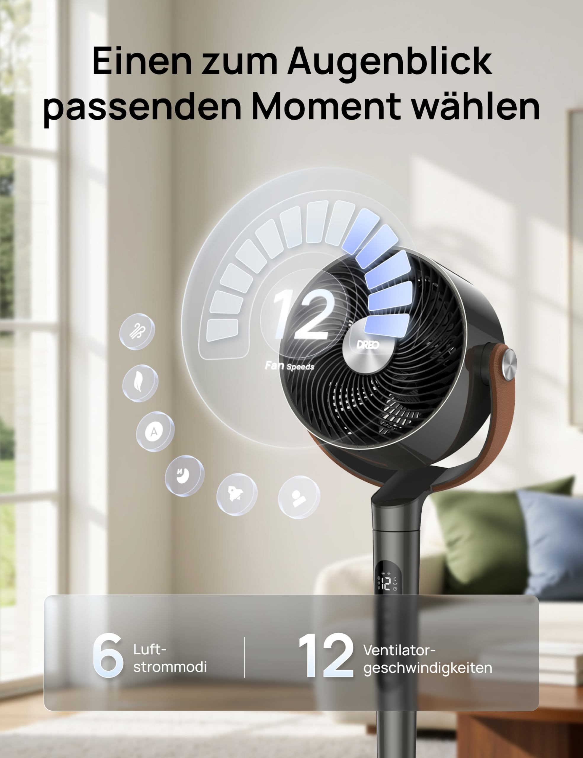 DREO PolyFan 513S 25 dB leiser Smart Standventilator, 110 cm Höhe, 6 Modi 8 Geschwindigkeiten, 120°+105° Oszillation, Fernbedienung Sprachsteuerung