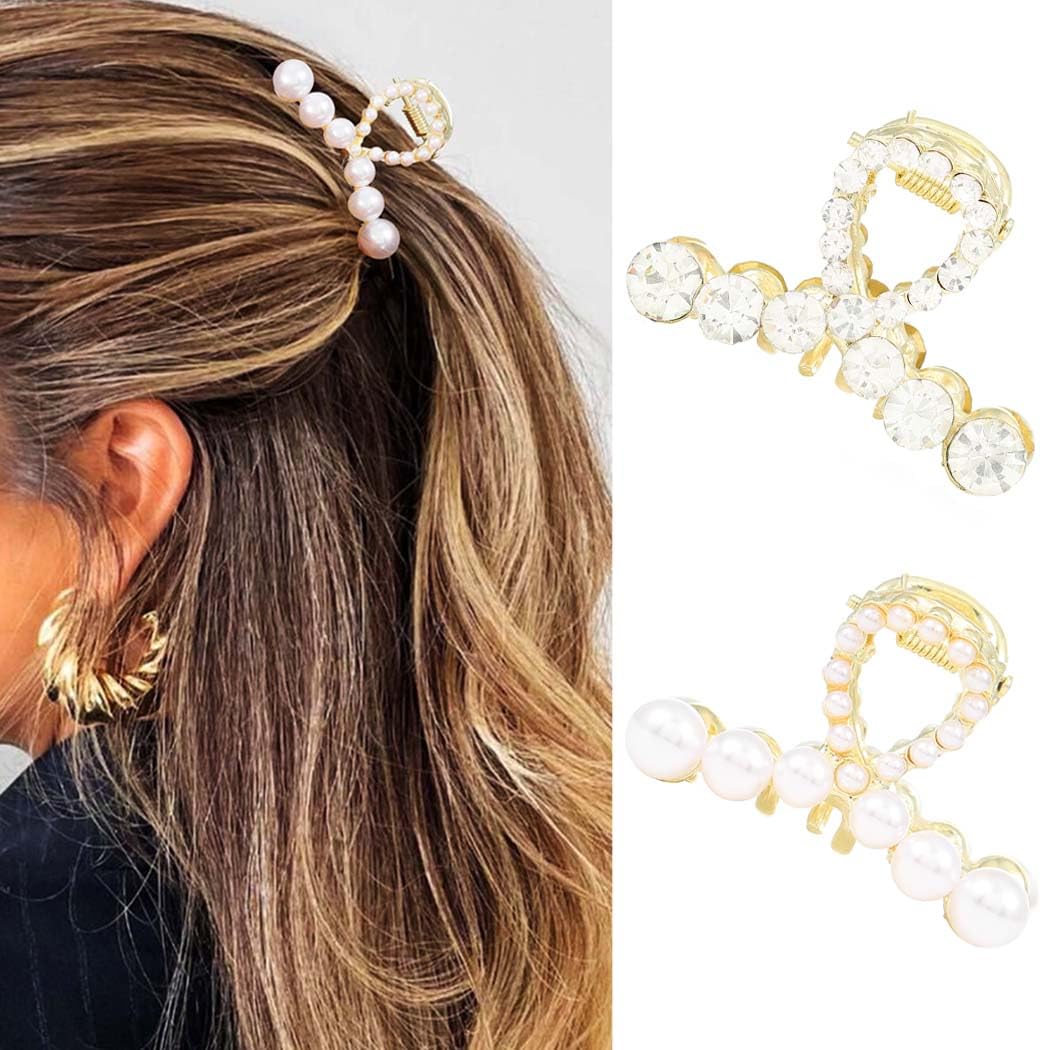 Reaky Pearl Claw Clips Gold Metal Hair Claws Mini Hair Clip Rhinestone Hair Accessories for Women, 1 count (Pack of 2)