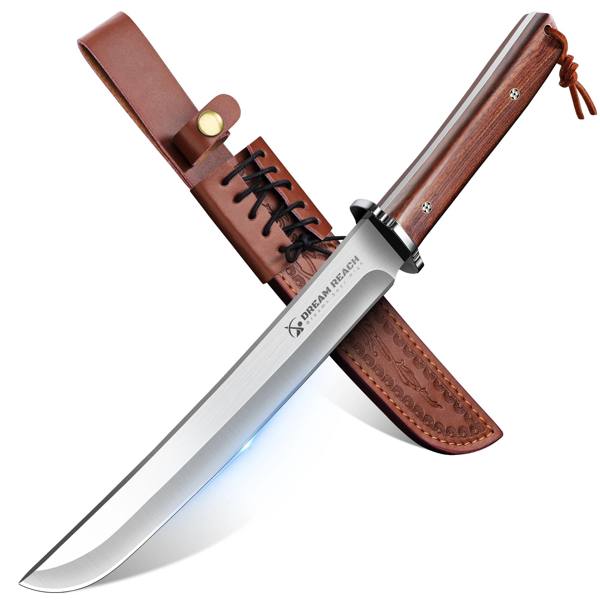 Dream Reach Outdoor Survival Messer - Full Tang Messer Klinge feststehend, Scharf Machete mit Lederscheide, Jagdmesser Outdoor mit Rosenholz Griff Geschenke für Männer für Camping Wandern Angeln