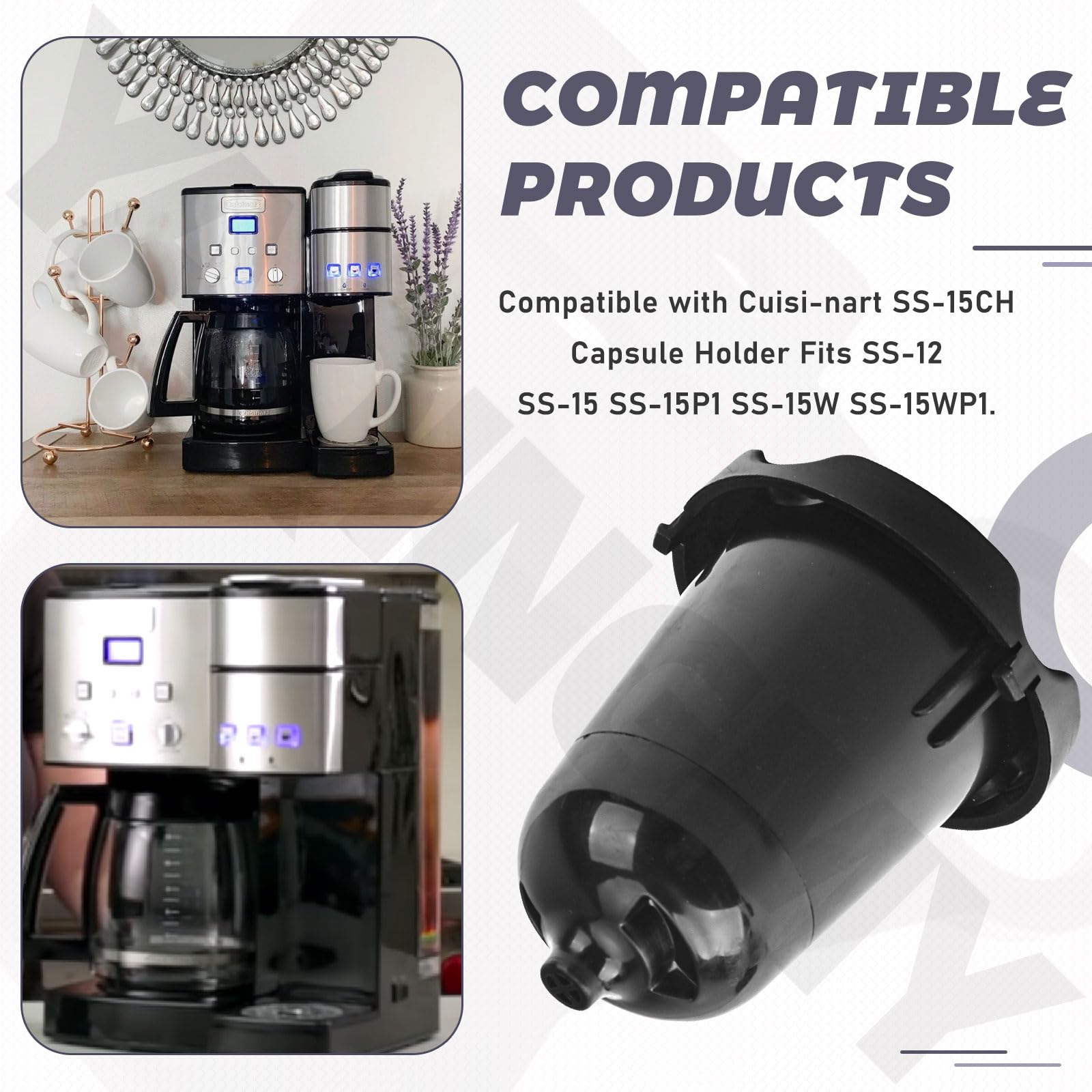 SS-15P1 - Cafetera de acero inoxidable de 12 tazas y piezas de repuesto para cafetera de una sola porción compatible con soporte de cápsulas Cuisi-nart SS-15CH