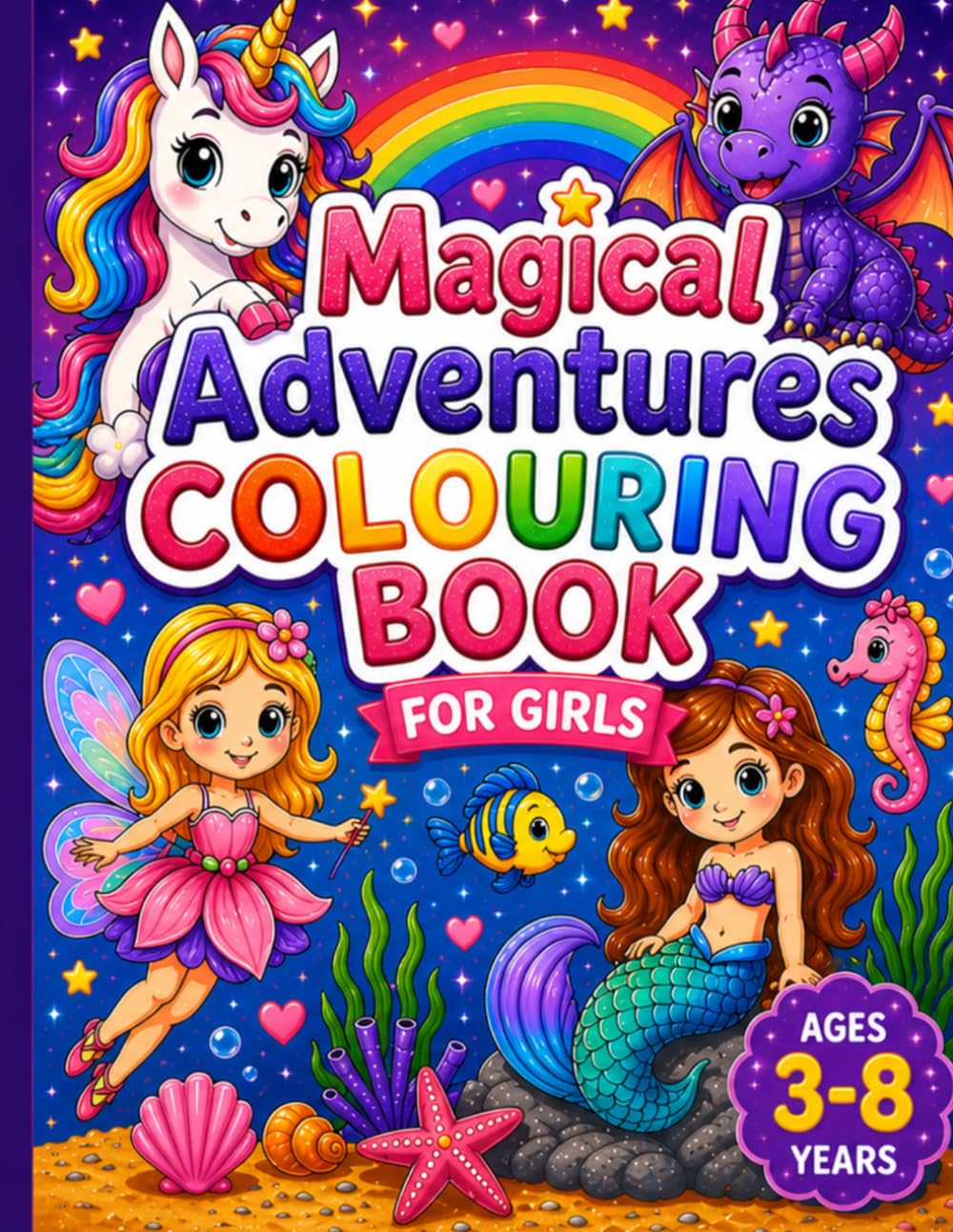 Magical adventure colouring book for girls: 30+ Easy & Fun Pages with Unicorns, Mermaids, Dragons, Fairies & More , Big Bold Designs , Perfect for age 3-8 years