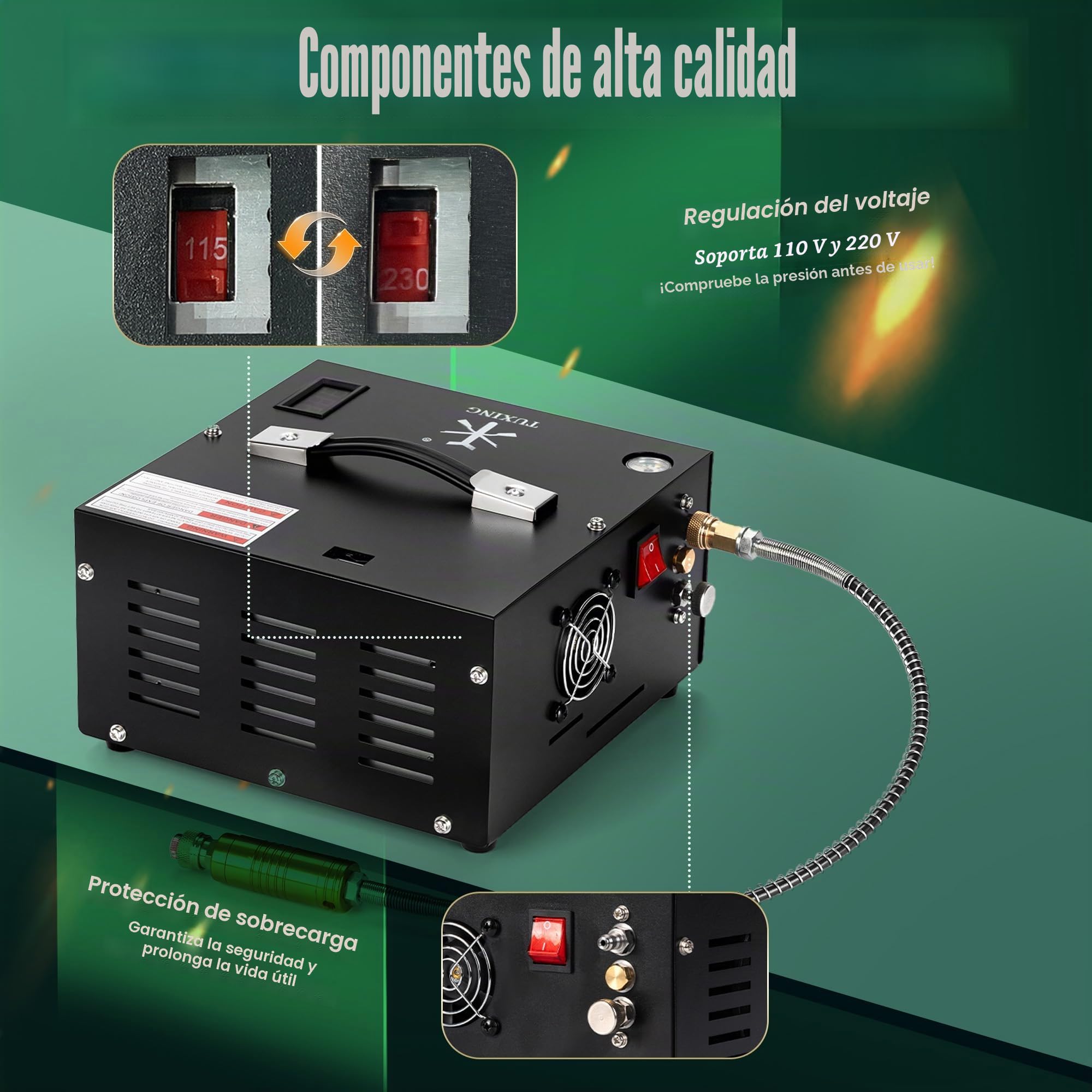 Compresor de aire TUXING Pcp, 4500 Psi 30 Mpa, sin aceite/agua, alimentado por coche 12 V CC o hogar 110 V CA con adaptador (incluido), bomba para rifles de aire PCP y pistolas de aire (TXES061)