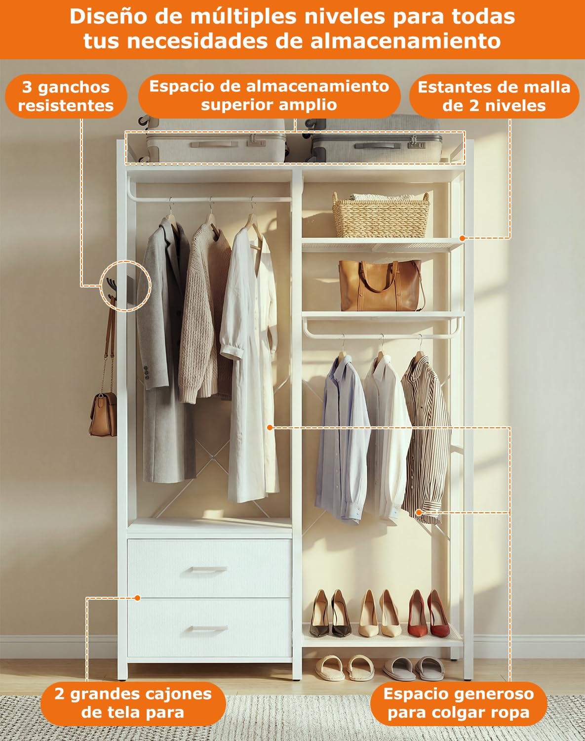 iSunirm Perchero para ropa para colgar la ropa – Perchero reversible con 2 cajones, perchero robusto con estantes, sistema de armario autoportante de 6 niveles con ganchos