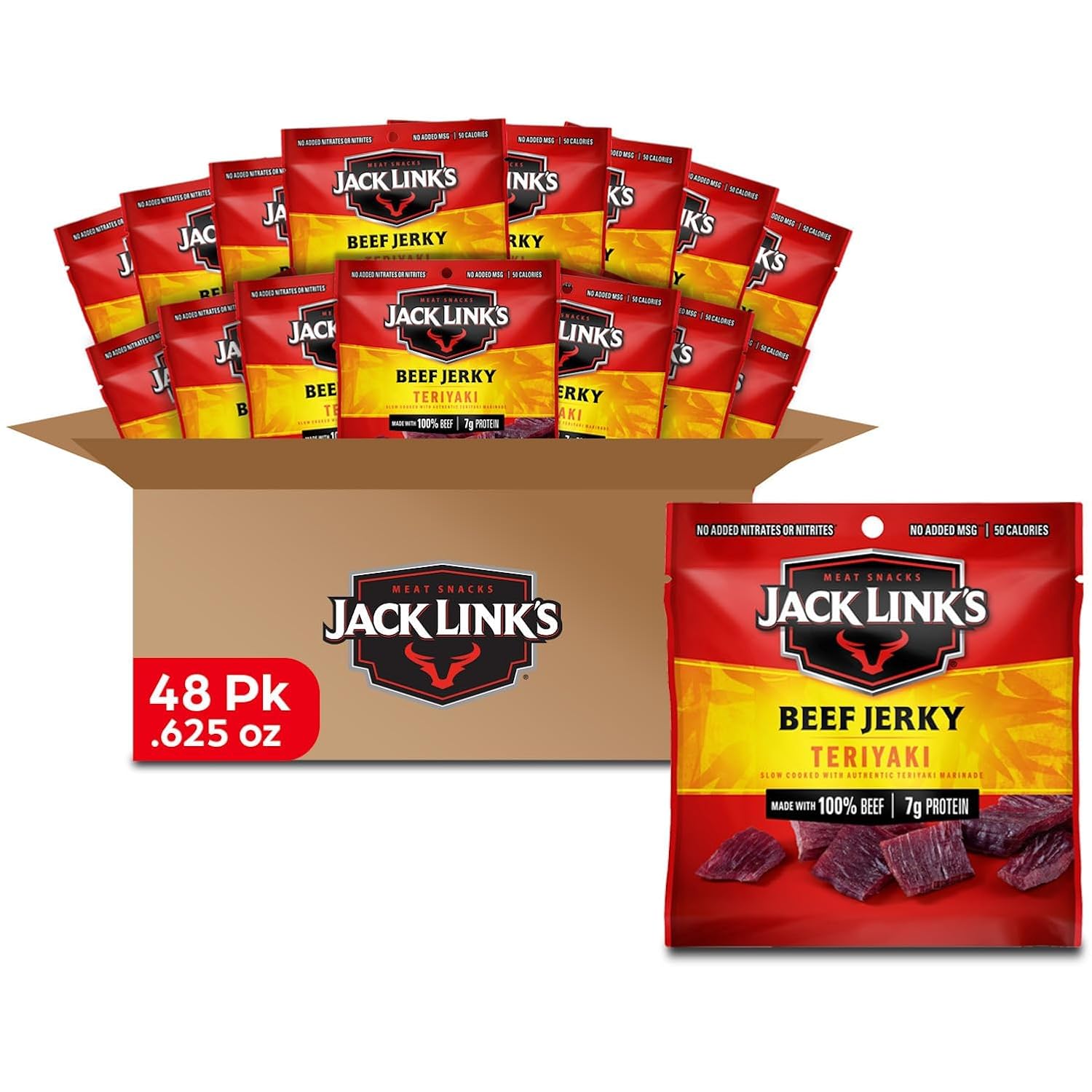 Jack Link's Beef Jerky, Teriyaki, Multipack Bags - Flavorful Meat Snacks for Lunches, Ready to Eat Protein Snacks, Individual Packs - 7g of Protein, Made with 100% Beef - 0.625 oz (Pack of 48)