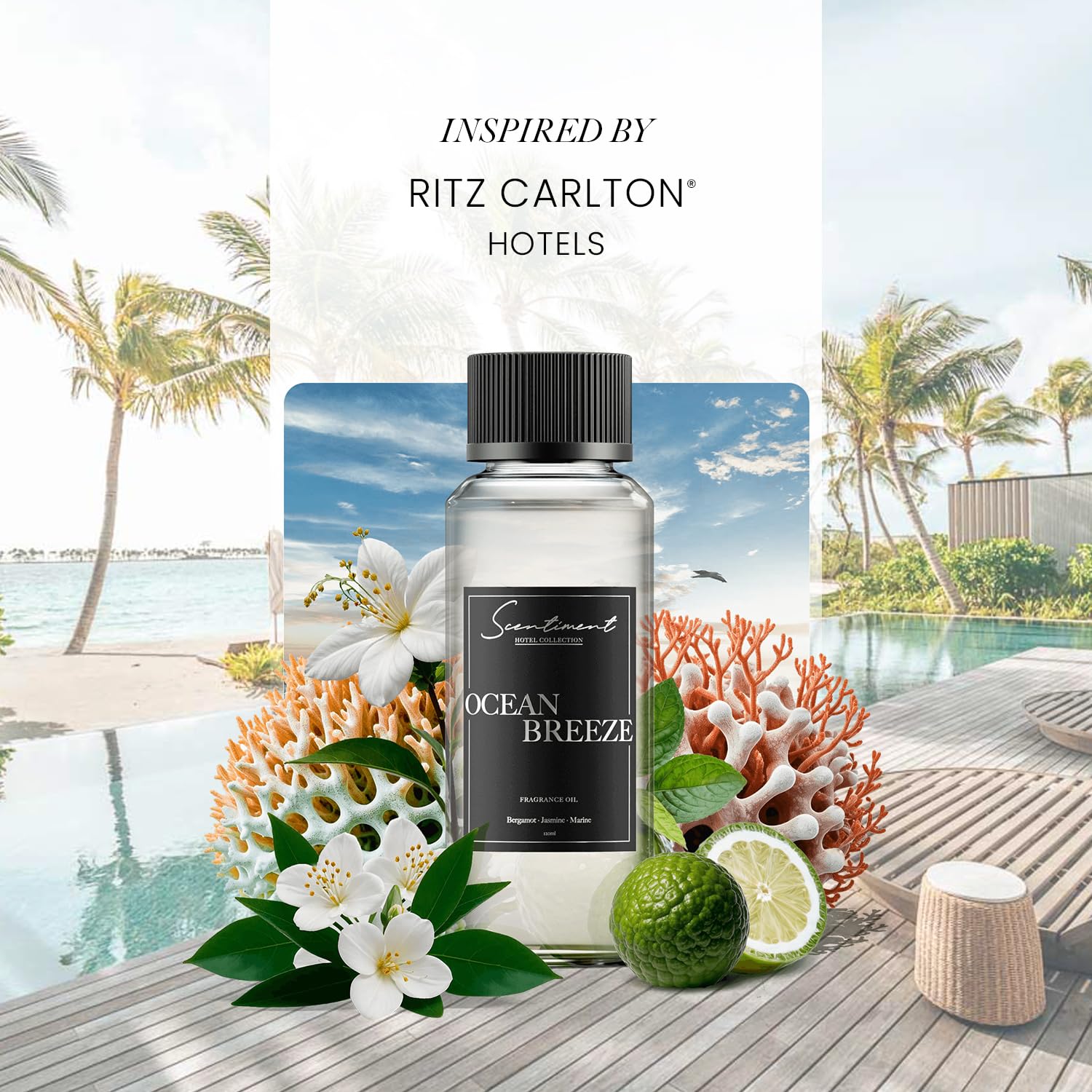 Scentiment - Ocean Breeze Hotel Diffuser Oil | Inspired by Ritz-Carlton® Hotels' Lobby Scent | Luxurious Scent with Notes of Bergamot, Lemon, Jasmine with Marine & Amber (120ml)