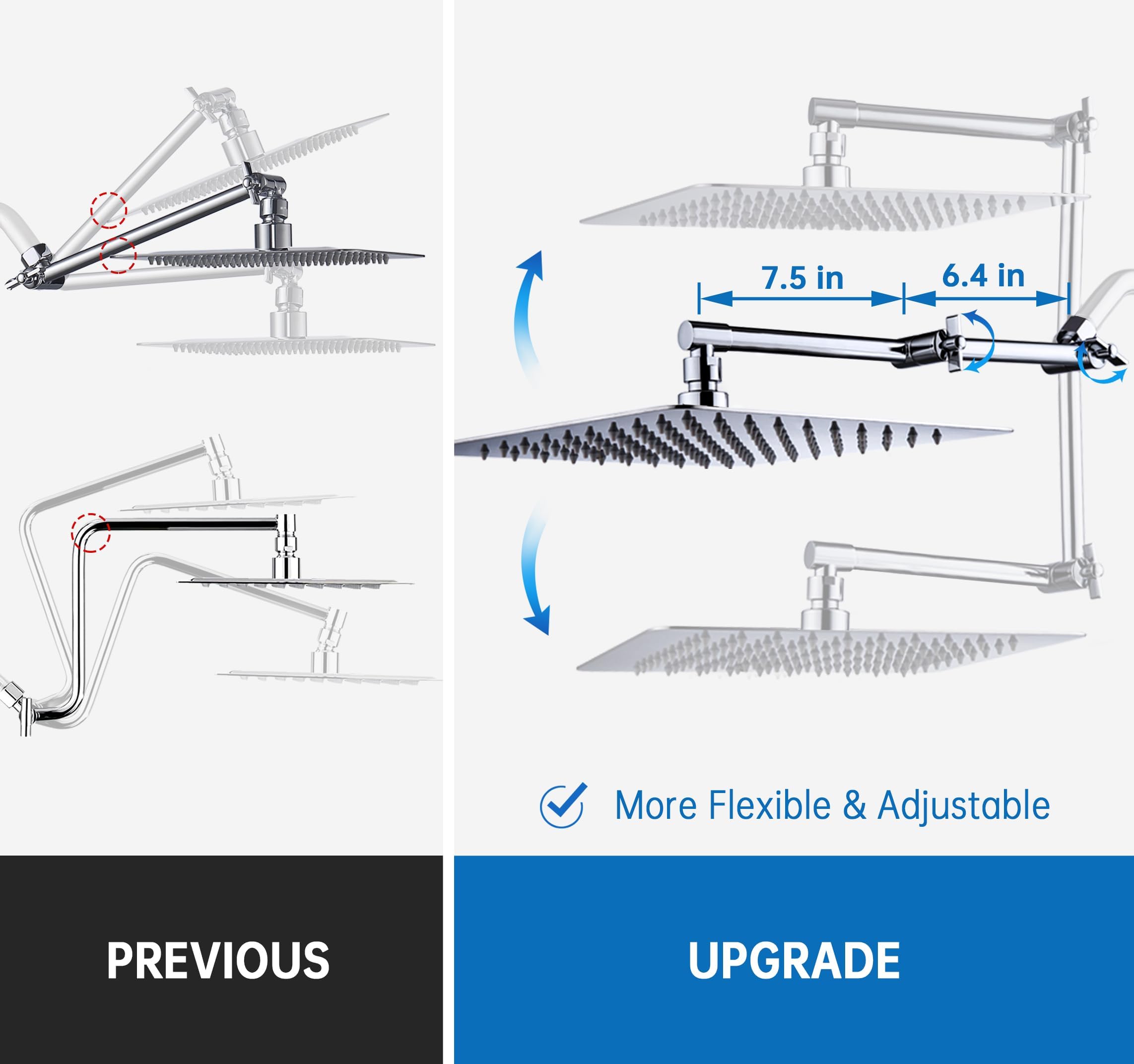 G-Promise Alcachofa de ducha de lluvia de metal de 12 pulgadas con brazo de extensión ajustable de 15 pulgadas, cabezal de ducha de lluvia de alta presión, aspecto moderno de lujo, cuadrado, cascada