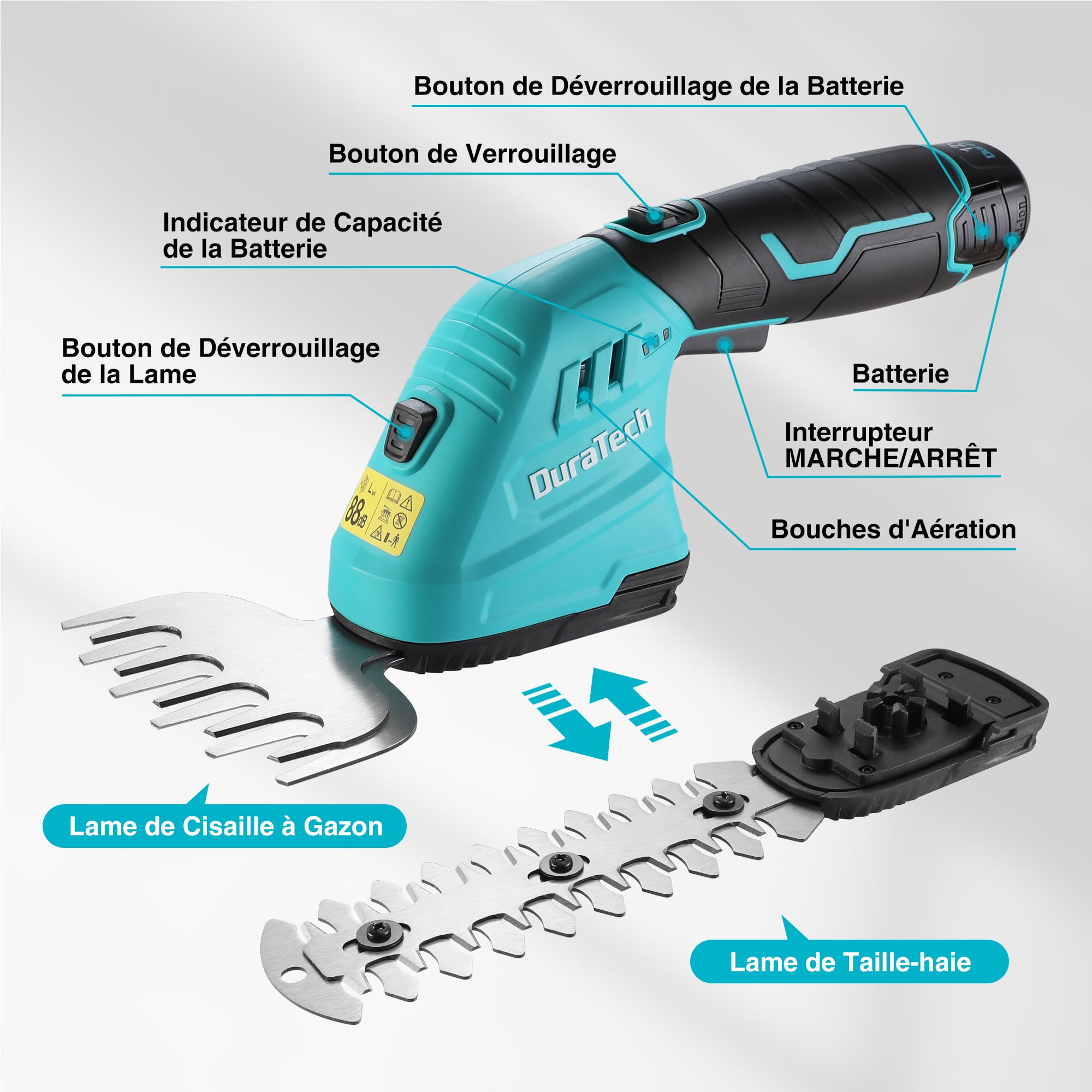DURATECH Cisaille Sculpte-Haie Electrique, Taille-Herbes sans Fil 12V