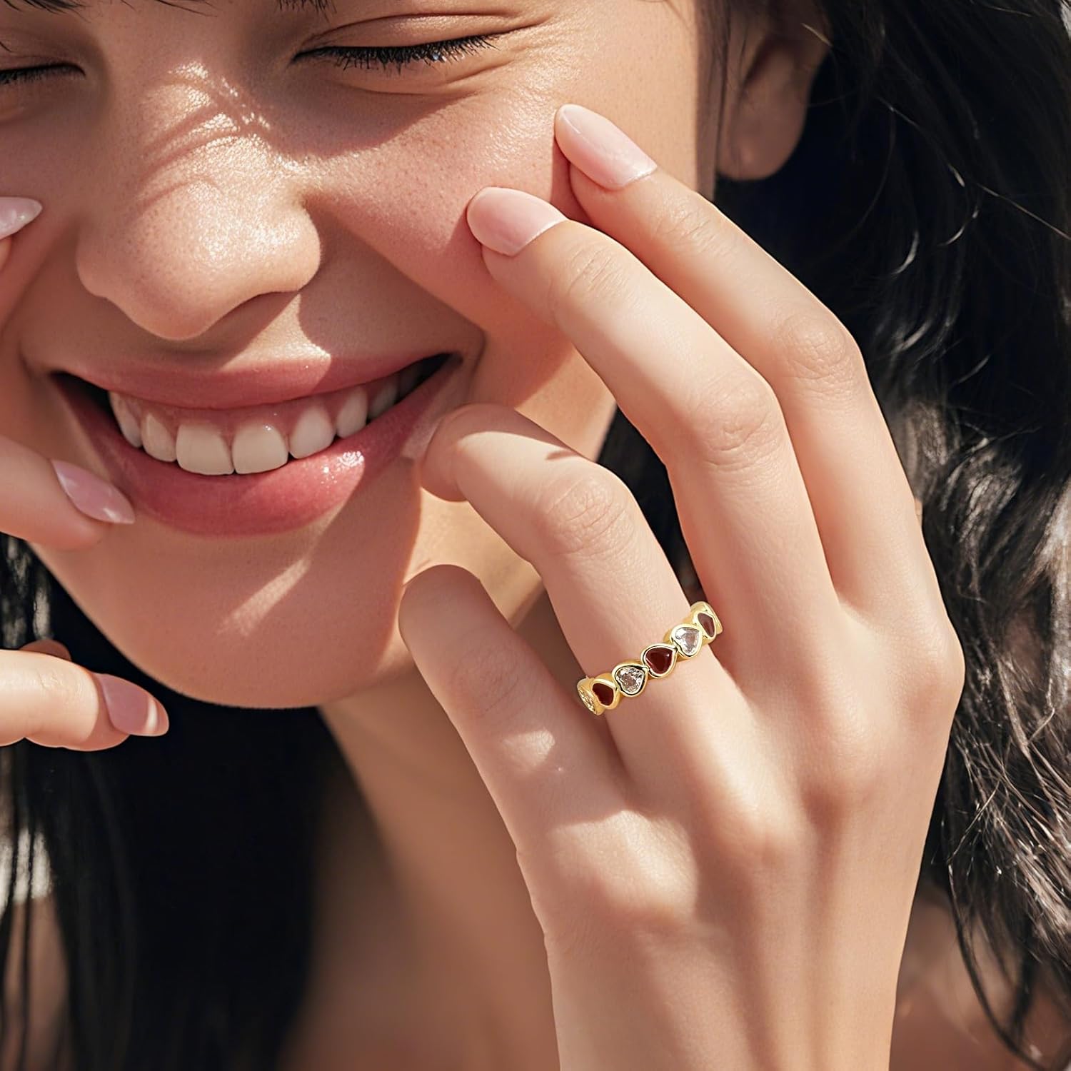 Gold Heart Ring for Women Adjustable with Cubic Zirconia and Red Enamel Stackable Rings for Daily or Wedding - Image 2