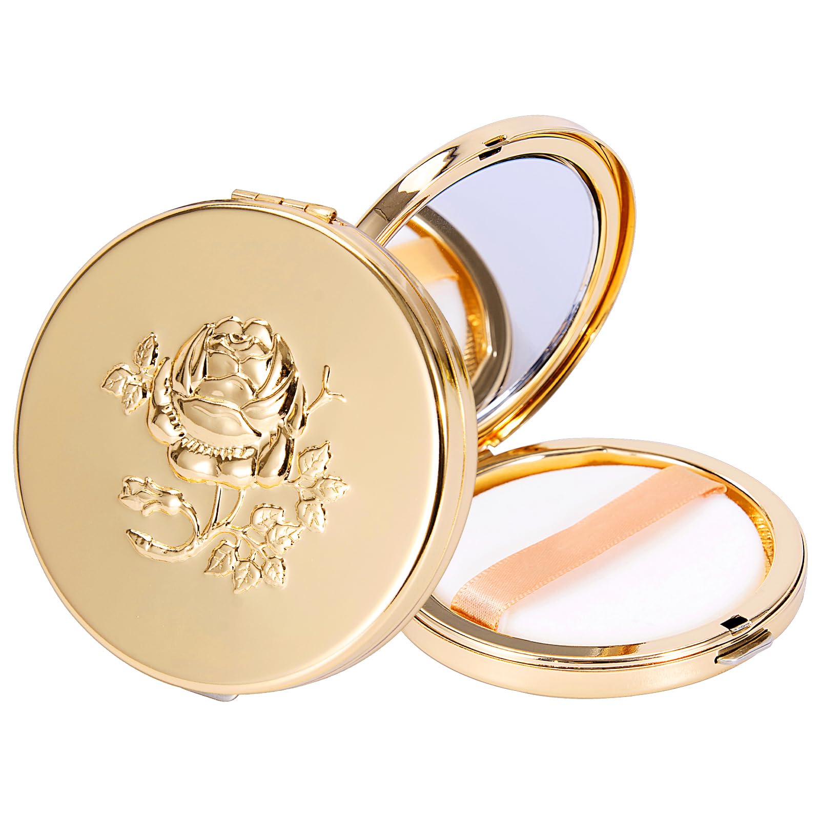 Fashion Creative Luxury Metal Beauty Sponge Case Rose Gold Pattern 7 cm Compact Mirror Case with Puff Travel