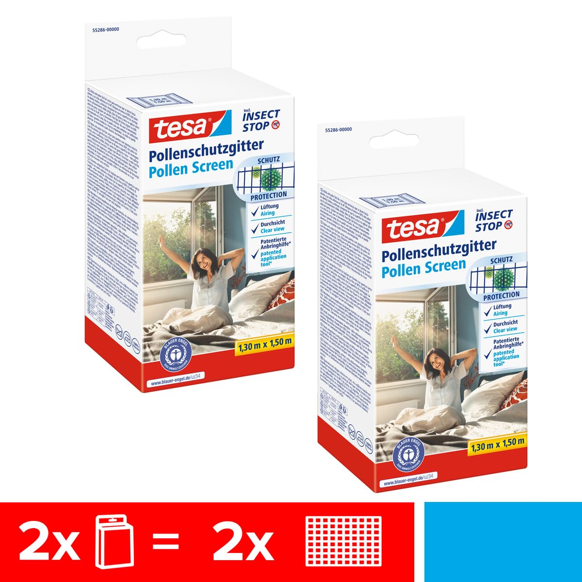 tesa Pollenschutzgitter im 2er Pack- zuschneidbarer, transparenter Pollenschutz & Insect Stop COMFORT Fliegengitter für Fenster - Insektenschutz mit Klettband selbstklebend