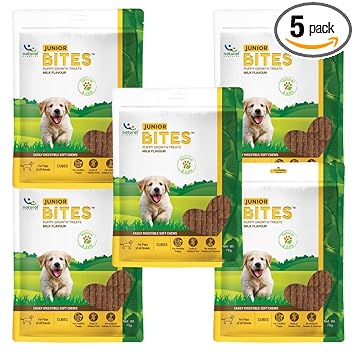Natural Remedies Junior Bites, Puppy Growth Treats, Easily Digestible Soft Chews Cubes for Pups of All Breeds, Milk Flavour (Pack of 5 - 75 gm Each)