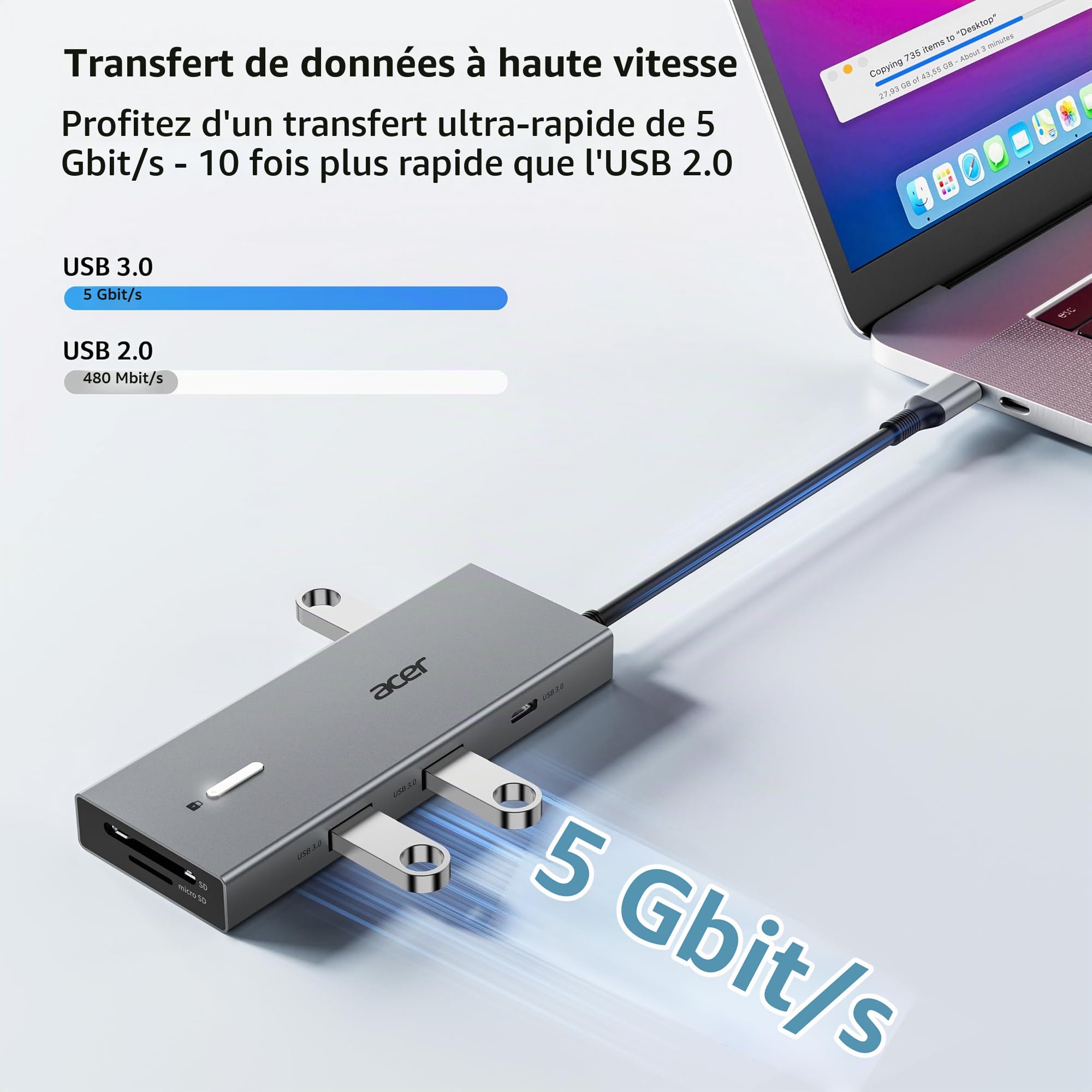 Acer Station d'accueil Dual HDMI 9 en 1, Hub USB C vers HDMI 4K@60Hz | USB A&C 5Gbps, PD 100W, Lecteur de Cartes SD/TF, USB C Docking Station pour 2 écrans, Idéale pour l'Usage à la Maison, Bureau