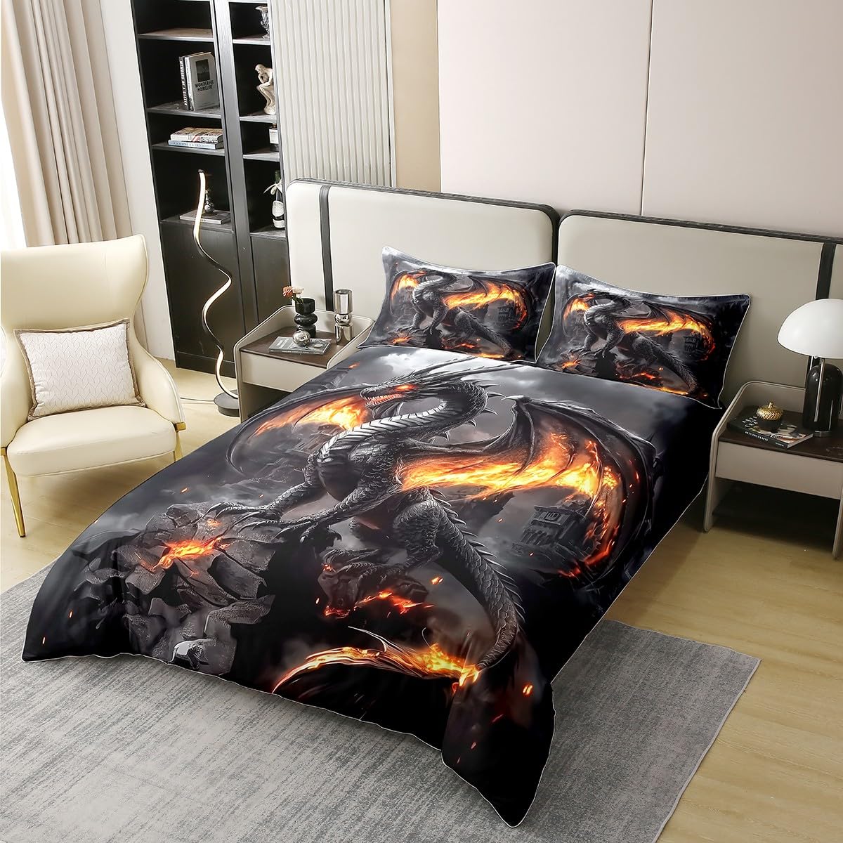 Flamme Drache 100% Baumwolle Bettbezug 135x200 für Kinder Teenager Krieg Wildtiere Bettwäsche Set Magische Fantasie Feuer Drache Tröster Abdeckung Gemütlich Grau Dekorative Alte Wildtiere Bett Set