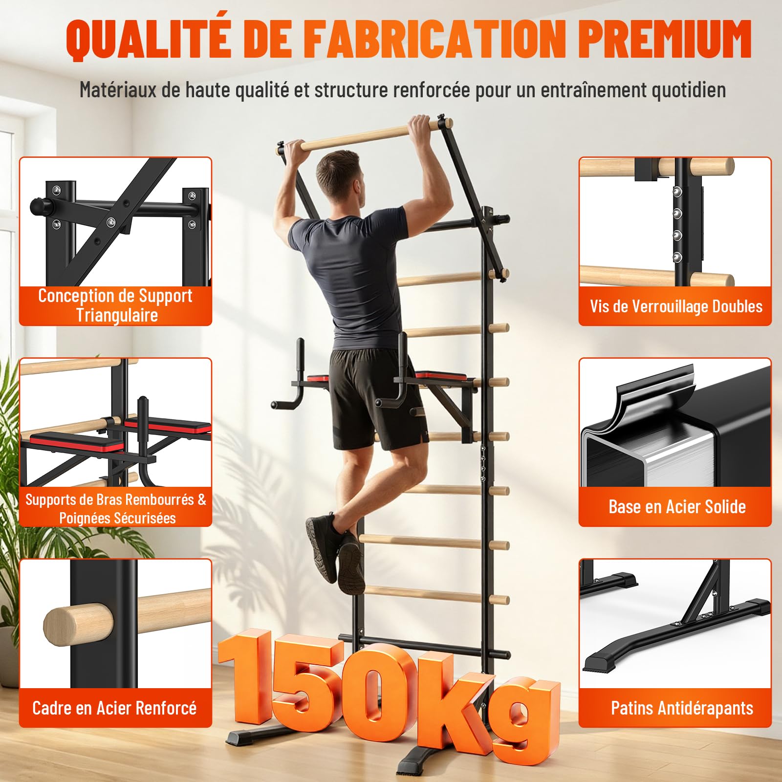 Chaise Romaine Power Tower avec barre de traction et espalier suédois autoportant, capacité de charge 150 kg, sans fixation murale, station de musculation 228 cm pour entraînement à domicile