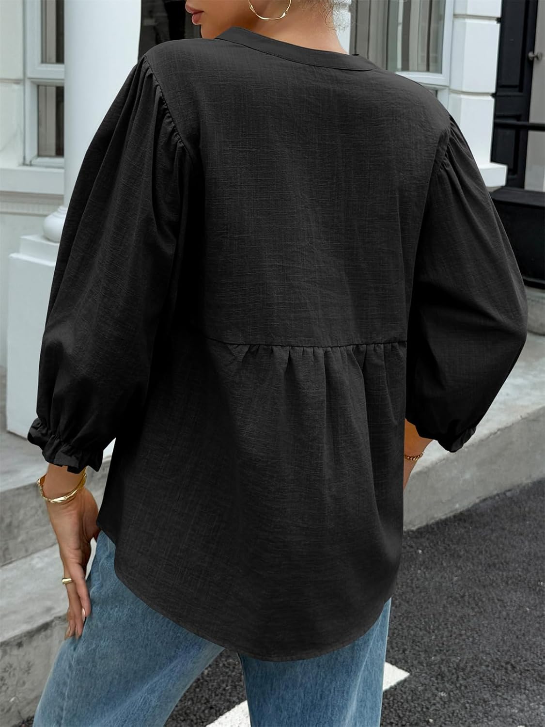 Tankaneo Womens Puff Sleeve Babydoll Tops V Neck Button Down Blouse Cute Casual Loose Fit Flowy Shirts - Image 5