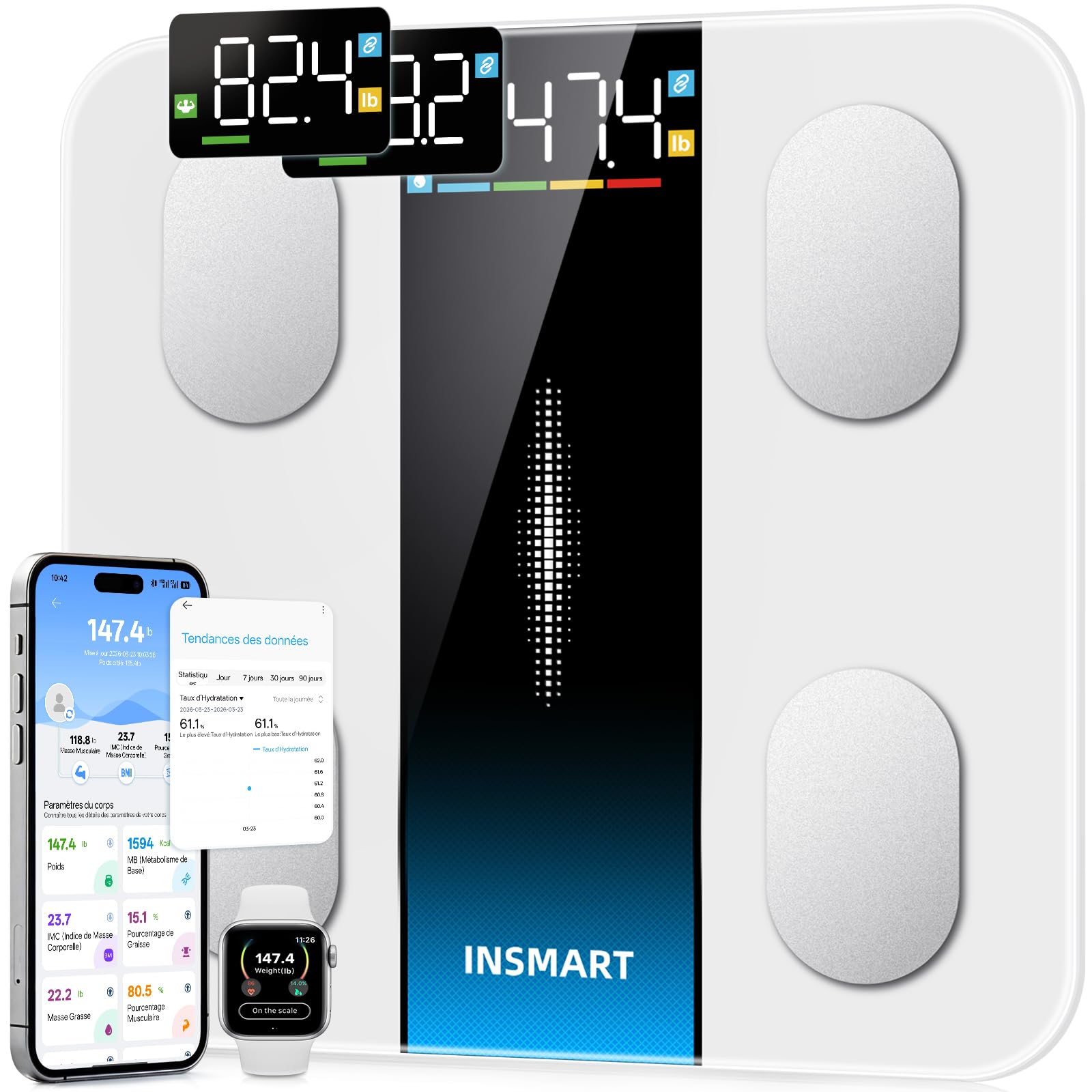 INSMART Pese Personne Intelligent, Balance Pese Personnes Haute Hrécision avec Grand Écran, Balance Connectée 16 Mesures Corporelles, IMC, Pourcentage de graisse Synchronisation APP, 400lb, Blanc
