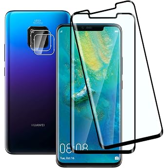 Tempered Glass Screen Protector for Huawei Mate 20 Pro and Camera Protective Film 3D Full Coverage 9H Hardness Scratch-Resistant Bubble-Free HD Screen Protector Pack of 2 + 2