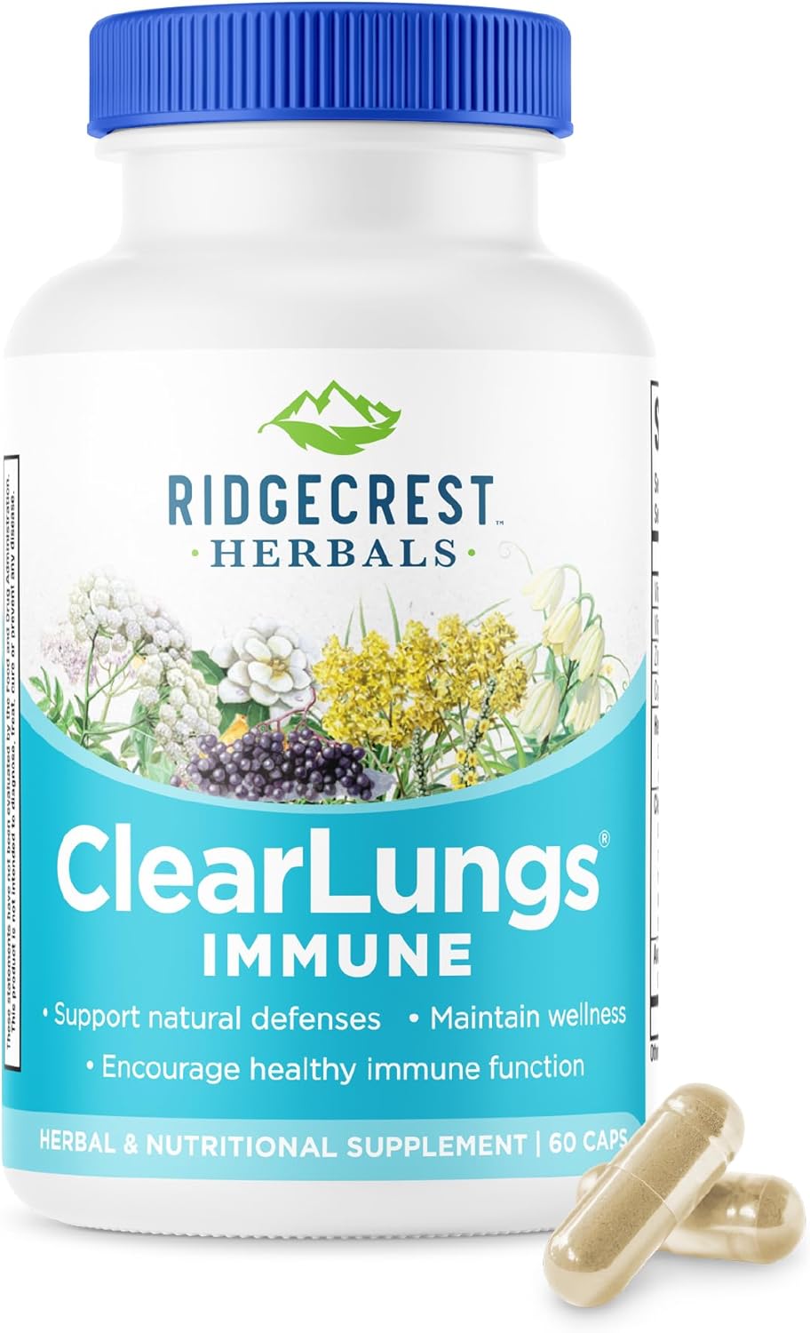 RidgeCrest Herbals ClearLungs Immune, Lung Support Supplement with Elderberry, Zinc, Vitamin C, Vitamin A, Olive Leaf, Mullein, Lung Wellness Formula for Respiratory Health (60 Vegan Caps, 30 Serv)