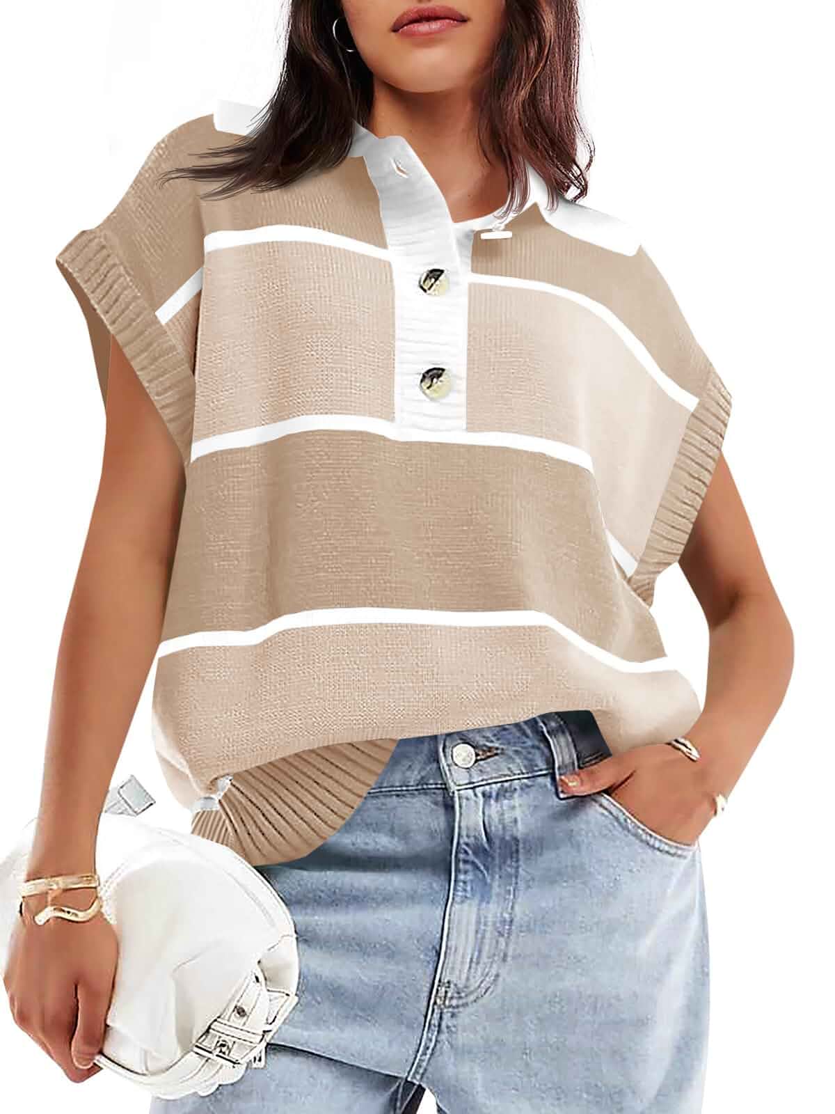 Saodimallsu Womens Striped Short Sleeve Sweater V Neck Polo Shirt Color Block Loose Knit Pullover Rugby Shirts 2025 Short Sleeve