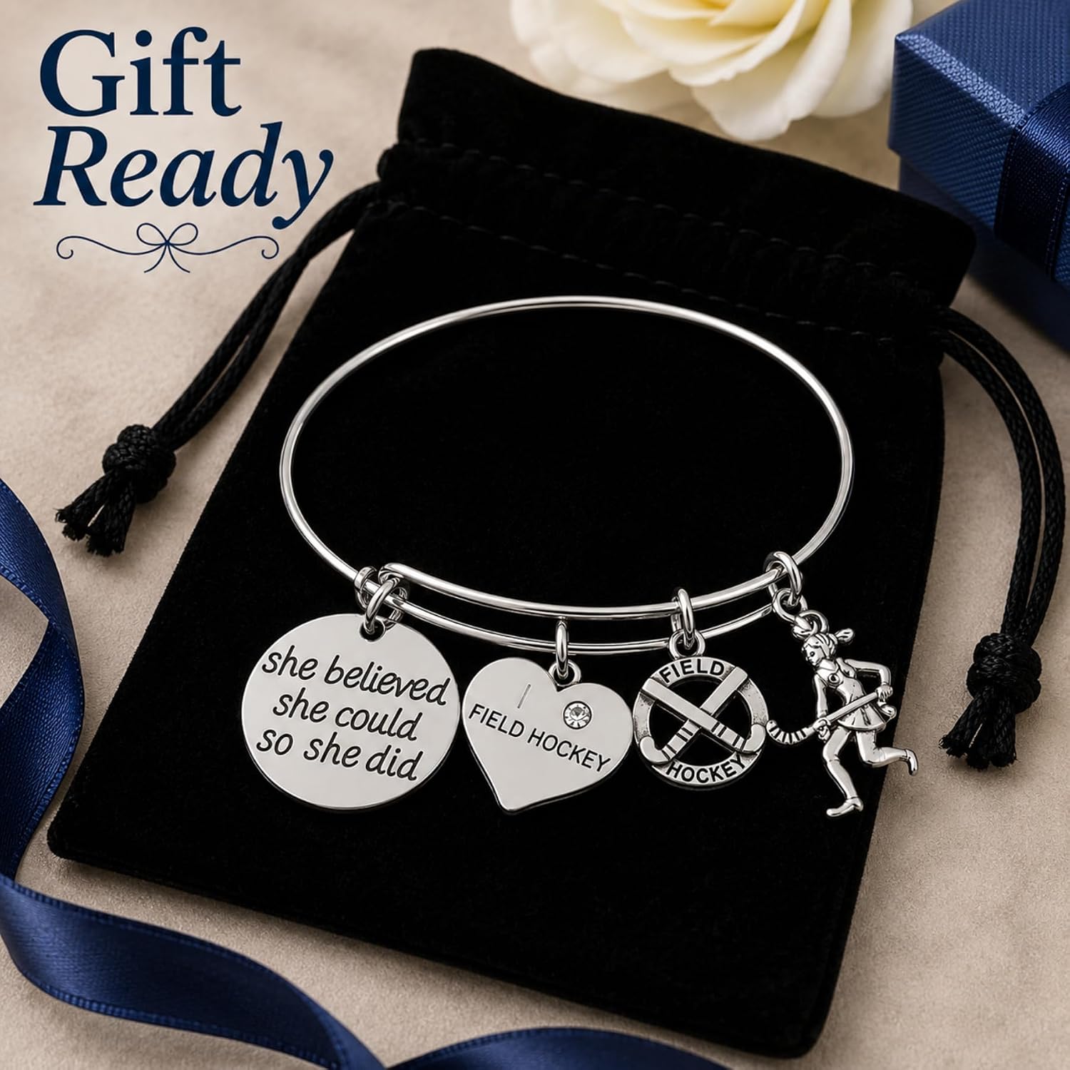 Infinity Collection Field Hockey Charm Bangle Bracelet, Field Hockey She Believed She Could So She Did Jewelry, Gift for Field Hockey Players