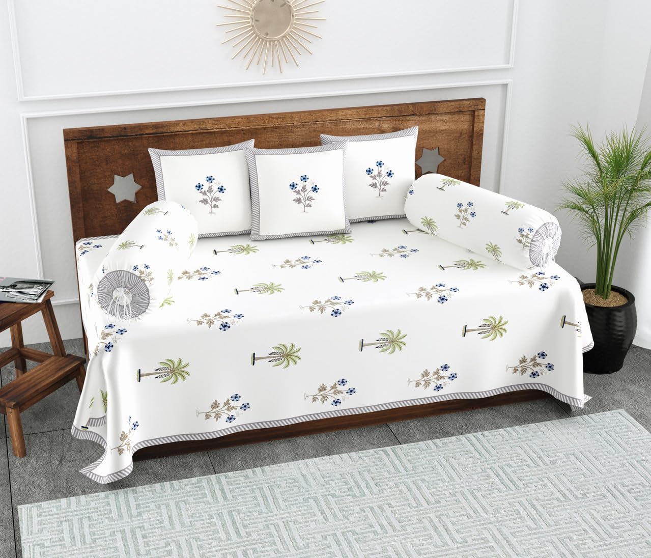 Texstylers Pure Cotton Floral Printed Diwan Cover Set | White Base Cotton Diwan Bedsheet with 2 Bolster Covers & 3 Cushion Covers | Soft, Breathable Fabric | Pack of 6, Blue Beige-picture-19