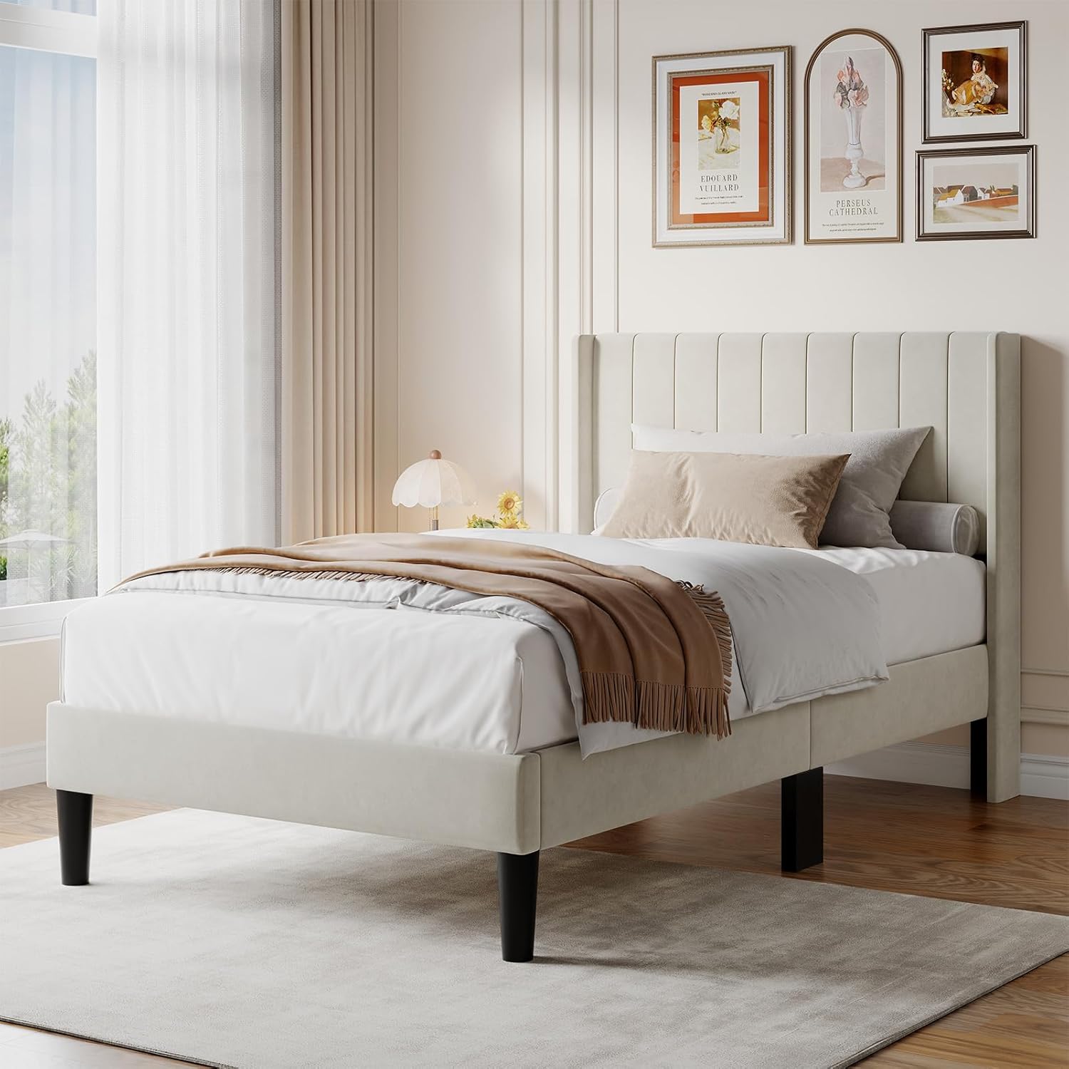 DUMOS Twin Size Bed Frame with Modern Fabric Upholstered Wingback Headboard & Wooden Slats, 500lbs Capacity, No Box Spring Needed, Easy Assembly Upholstered Platform Bed, Beige