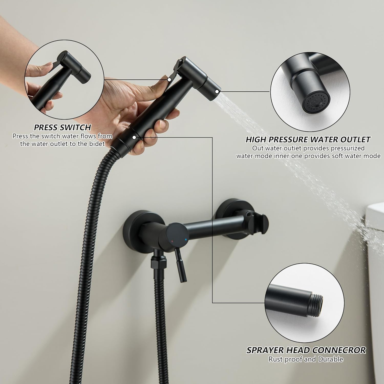 Handheld Bidet Sprayer for Toilet with Hot and Cold Water, Matte Black Stainless Steel Warm Water Round Bidet Spray Attachment Set