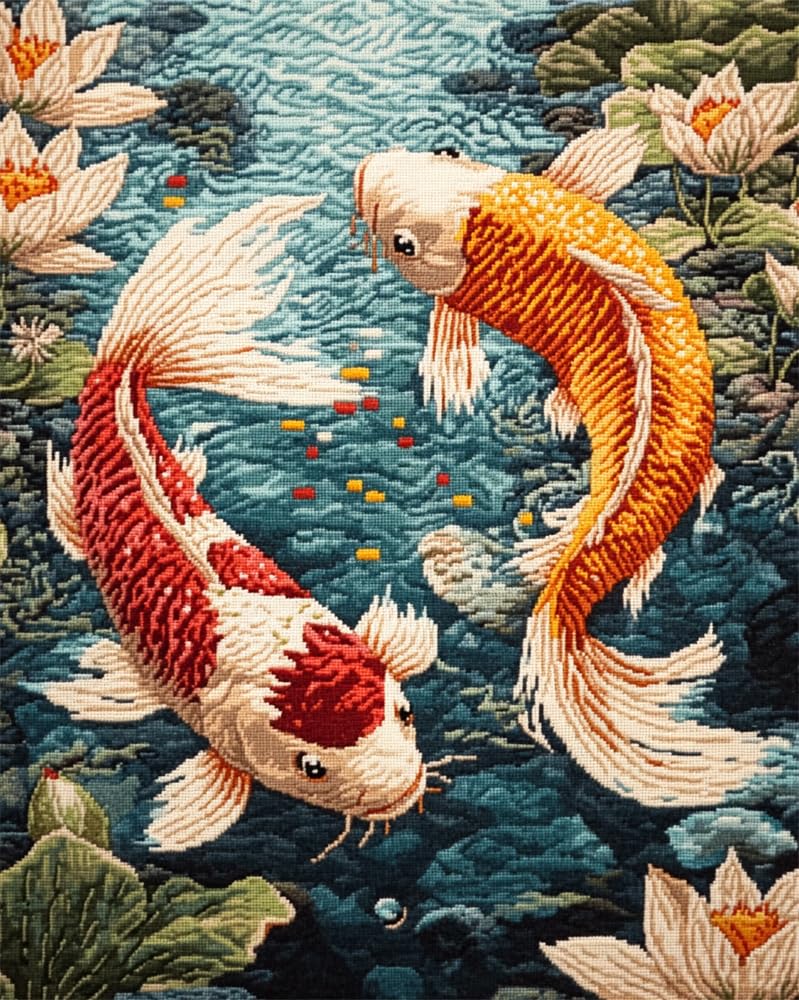 14Ct Cross Stitch, 14 Count Counted Stamped Pre Printed Cross Stitch Two Koi Fish Swimming In A Lotus Pond Embroidery Kits For Adults Beginners Starter Advanced Easy Crossstitch Patterns Set