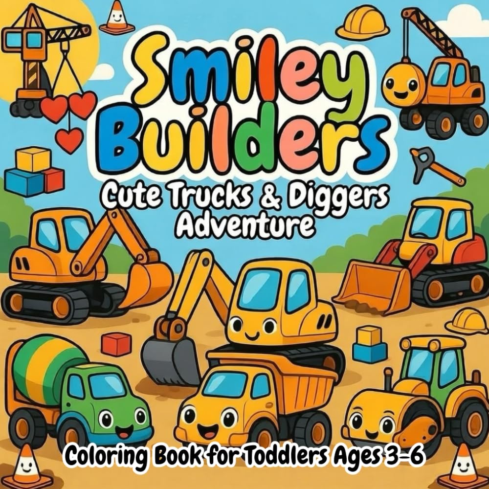 Smiley Builders: Cute Trucks & Diggers Adventure Coloring Book for Toddlers Ages 3-6 – Big Smiley Construction Vehicles with Happy Faces and Bold Easy Designs