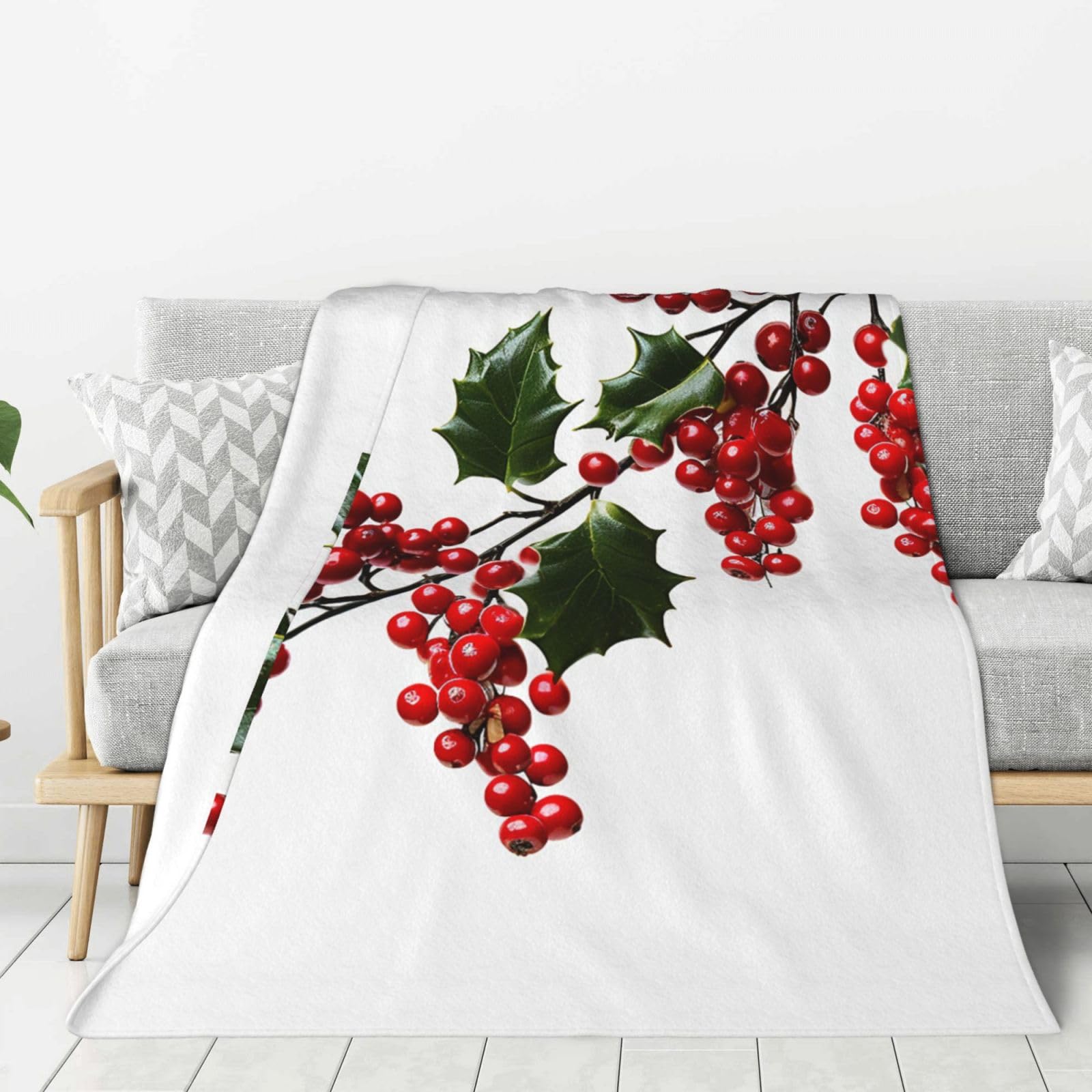 Holly Berry Branches Throw Blanket Plush Flannel Fleece Blanket, Soft Lightweight Cozy Blankets 80"X60" for Bed Couch Sofa Travel