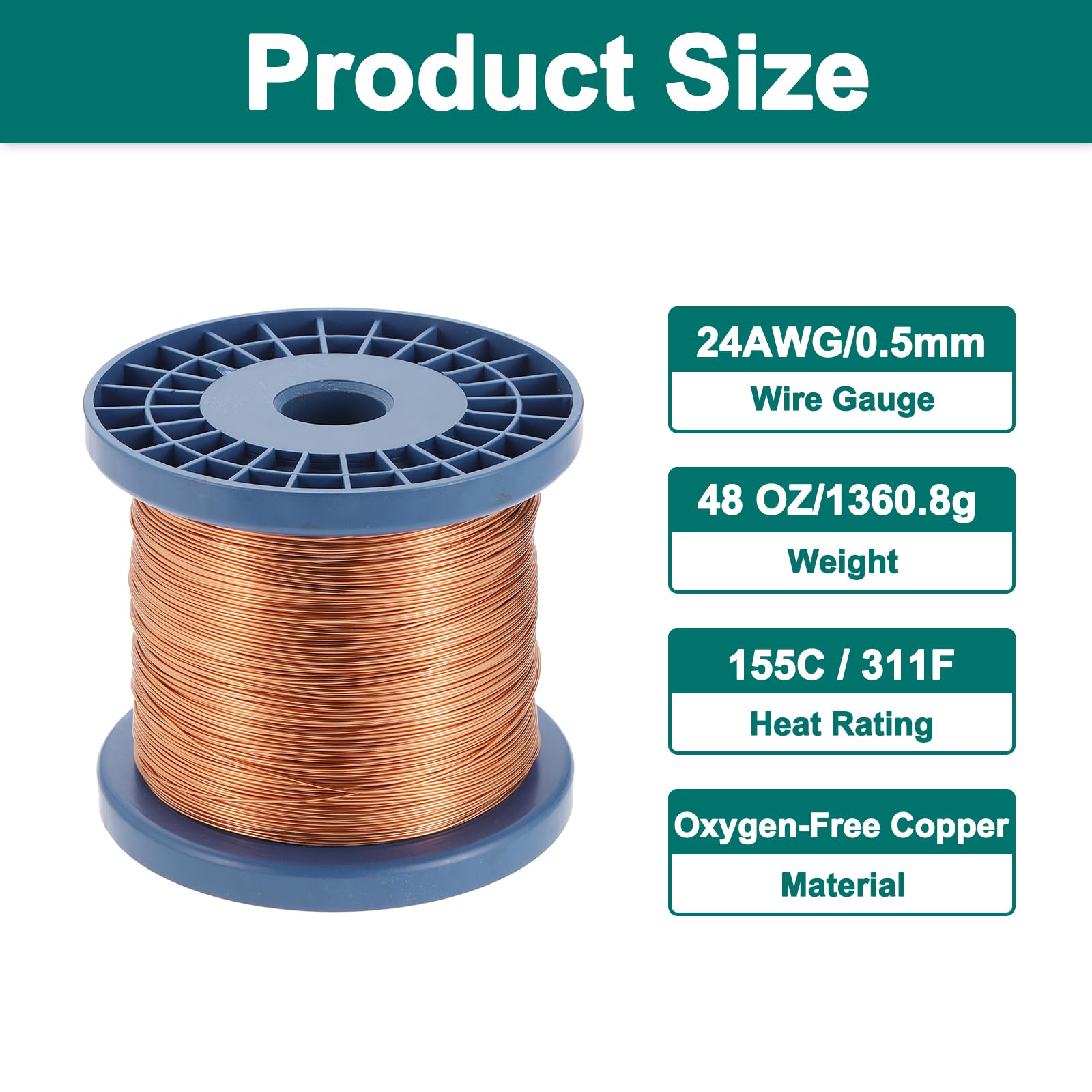 sourcing map Fil magnétique 24 AWG, fils de cuivre émaillé de calibre 24, bobine magnétique pour transformateur, moteur, électrique, grade F 311 Fahrenheit (155 °C)