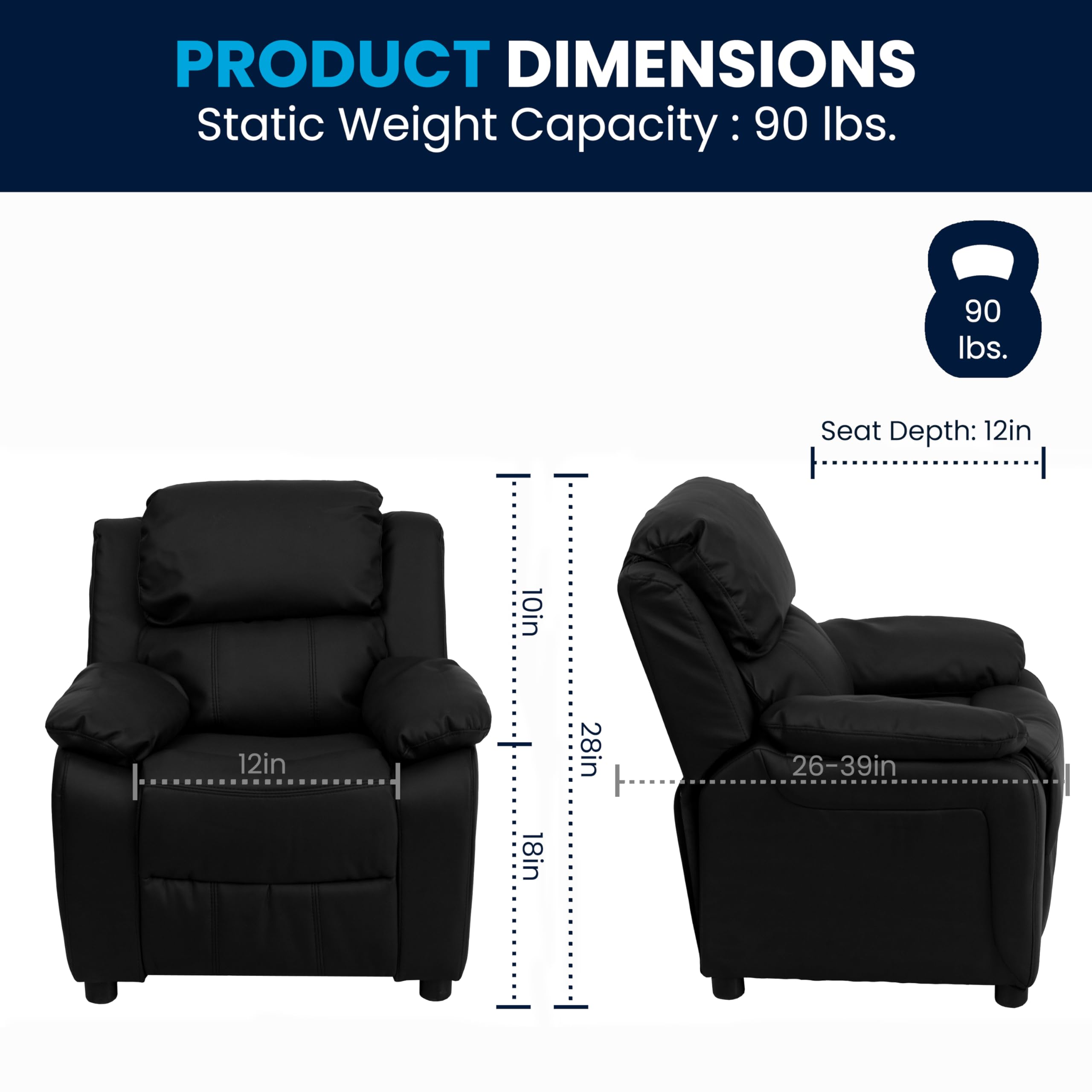 Flash Furniture Deluxe Padded Contemporary Kids Recliner with Storage Arms, Leather, Black, 66.04 x 53.34 x 53.34 cm