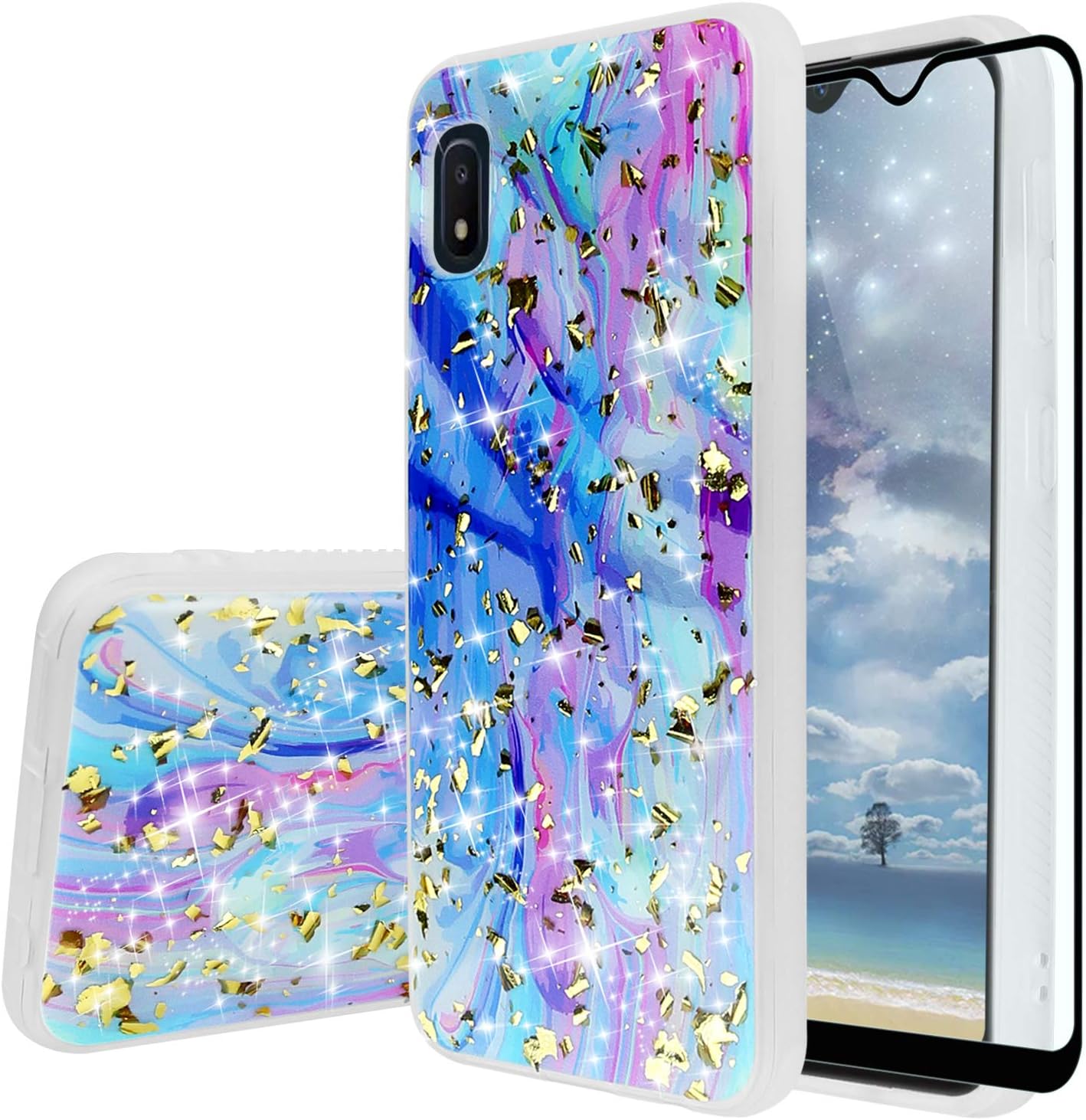 TJS Phone Case Compatible with Samsung Galaxy A10E 5.8" (Not Fit Galaxy A10/M10), [Full Coverage Tempered Glass Screen Protector] Shiny Marble Glitter Back Skin Full Body Soft TPU Bumper (Colorful)