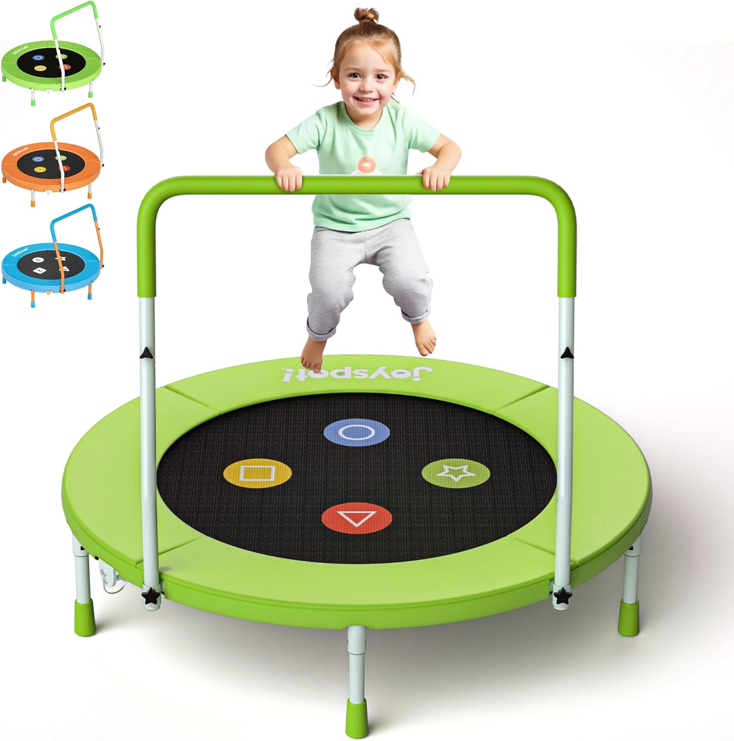 3FT Toddler Trampoline with Adjustable Handlebar, 36\" Foldable & Spring-Free, Mini Kids Indoor Outdoor Trampoline for Ages 1-6, Noiseless Jumping Mat, Safe & Sturdy Design, Supports Up to 100 lbs Green(similar )