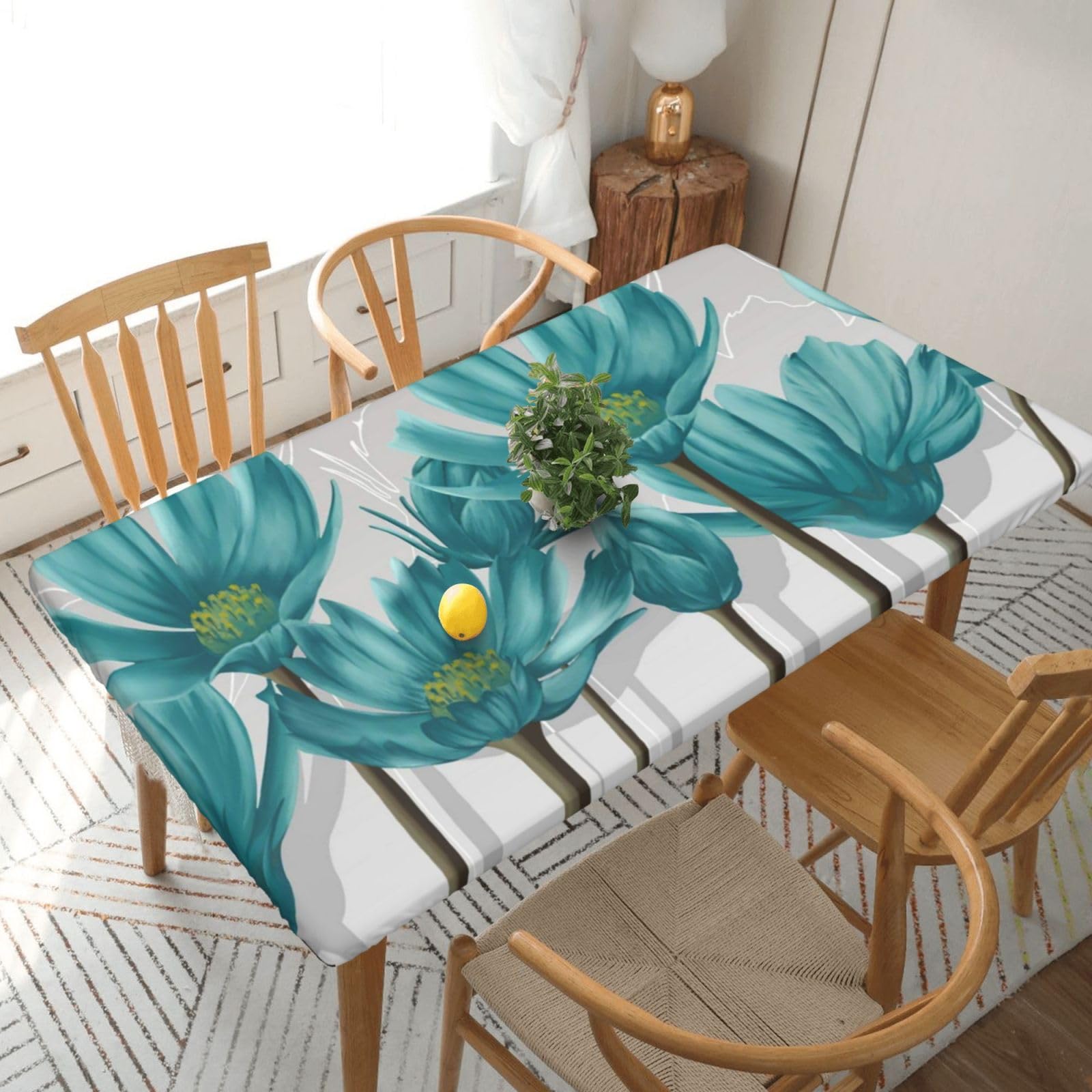 BNVSADC Teal Grey and White Floral Printed 5FT Tablecloth Polyester Kitchen Water Resistant Table Cloth Dining Table Decoration Table Covers, 152x76 CM