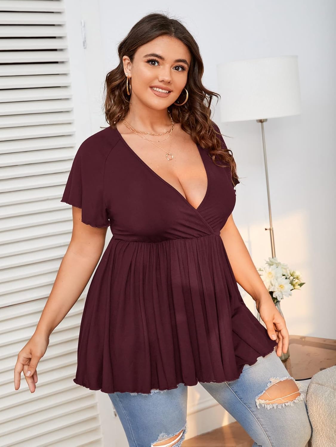 SweatyRocks Women's Plus Size Short Sleeve Deep V Neck Ruffle Hem Blouse Pleated Flared Peplum Top - Image 3