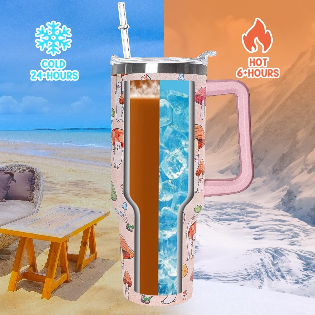 Mushroom Tumbler Cup Gifts Cute Mushroom Tumbler 40 oz Mushrooms Gifts for Women Cups Coffee Travel Mug with Handle Leak Proof Insulated Cute Decor Stuff - Image 3