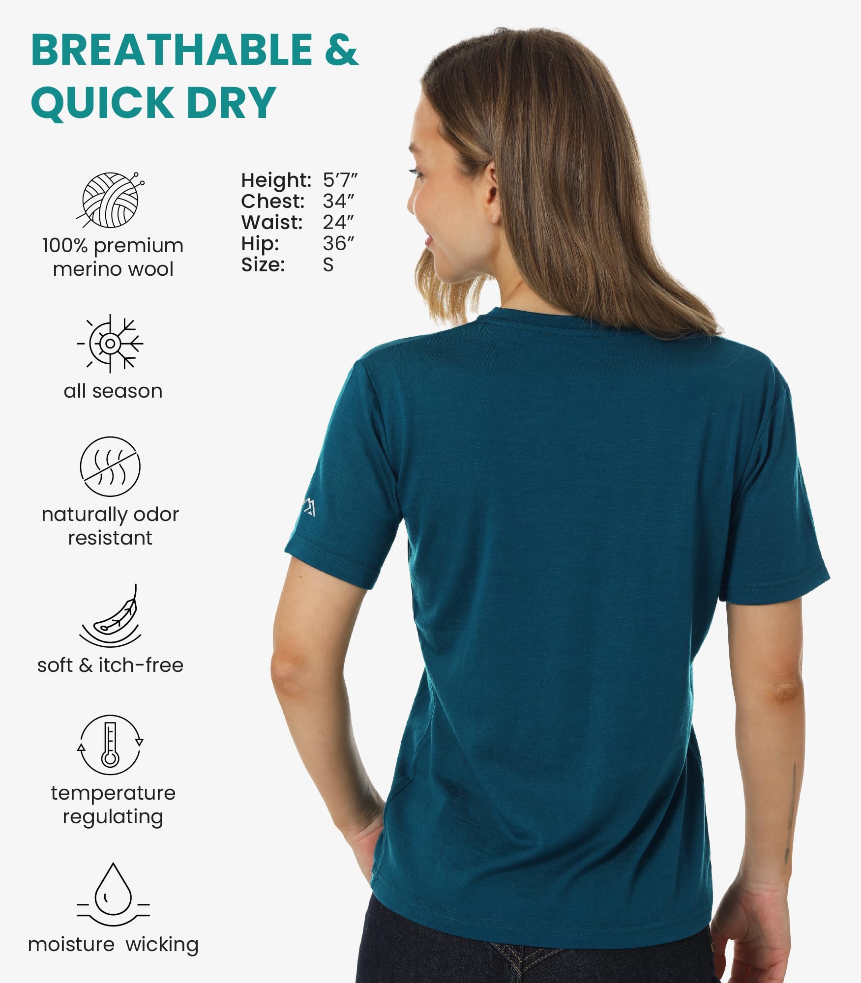 Merino.tech Camiseta Lana Merino Mujer — 100% Merino Lana Camiseta Interior Mujer con Calcetine (Medium, _Deep Teal V-Neck)
