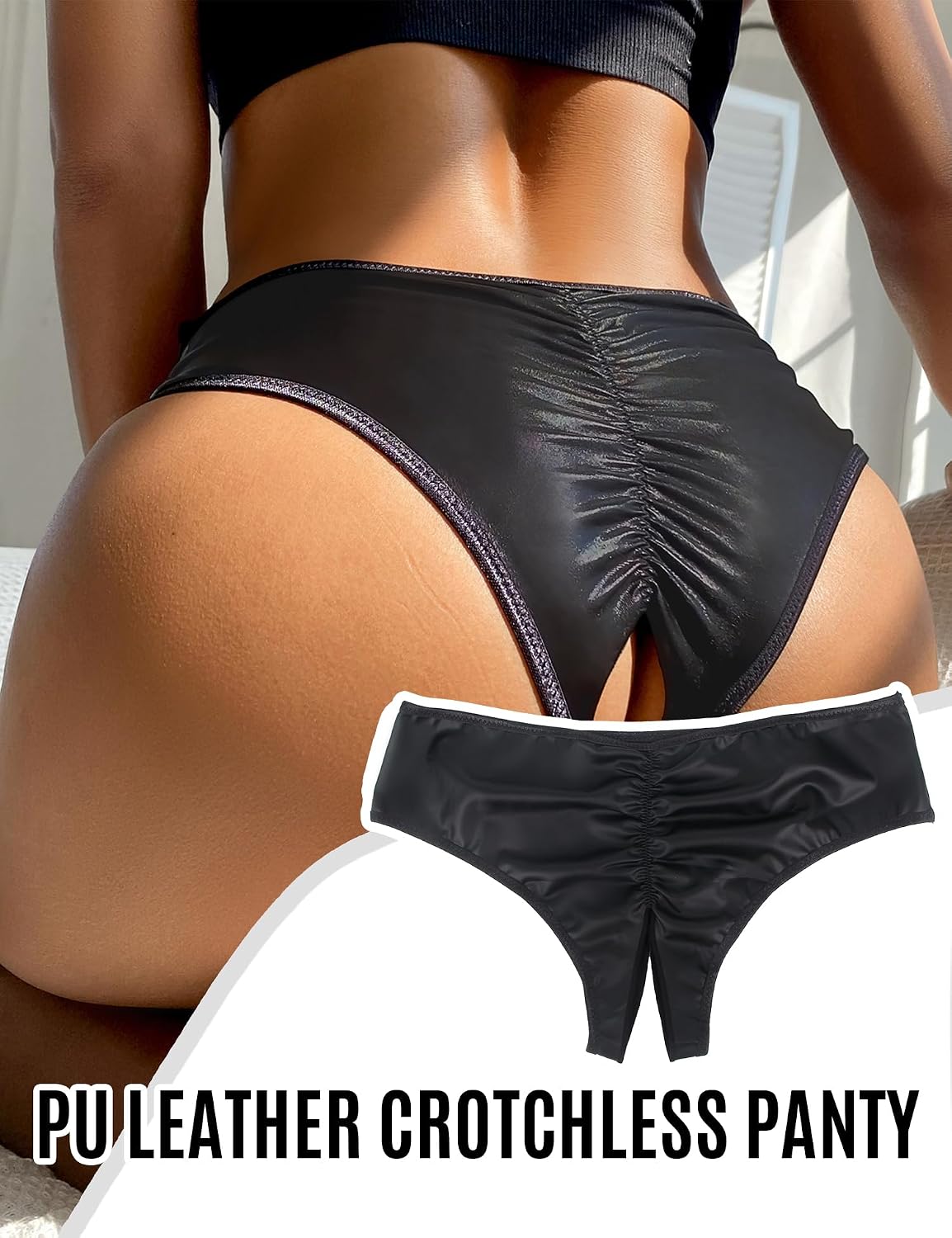 ohmydear Womens Sexy Panties Underwear Faux Leather Crotchless Lingerie