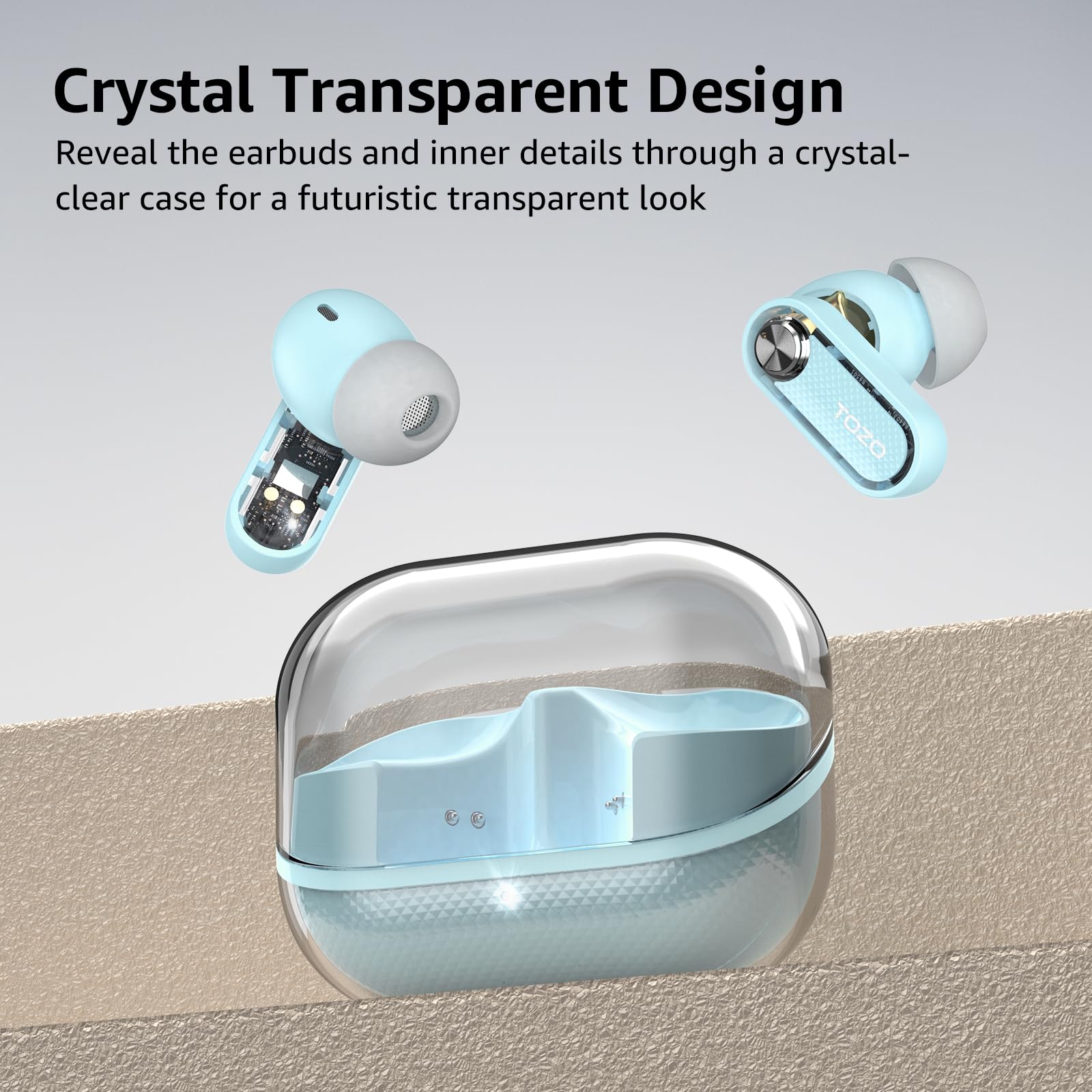 TOZO Crystal Pods Hybrydowe bezprzewodowe słuchawki z aktywną redukcją szumów, podwójny mikrofon ENC AI Clear Calls, słuchawki Bluetooth 5.4 w uchu, wodoodporne słuchawki IPX5, 32 EQs za pomocą