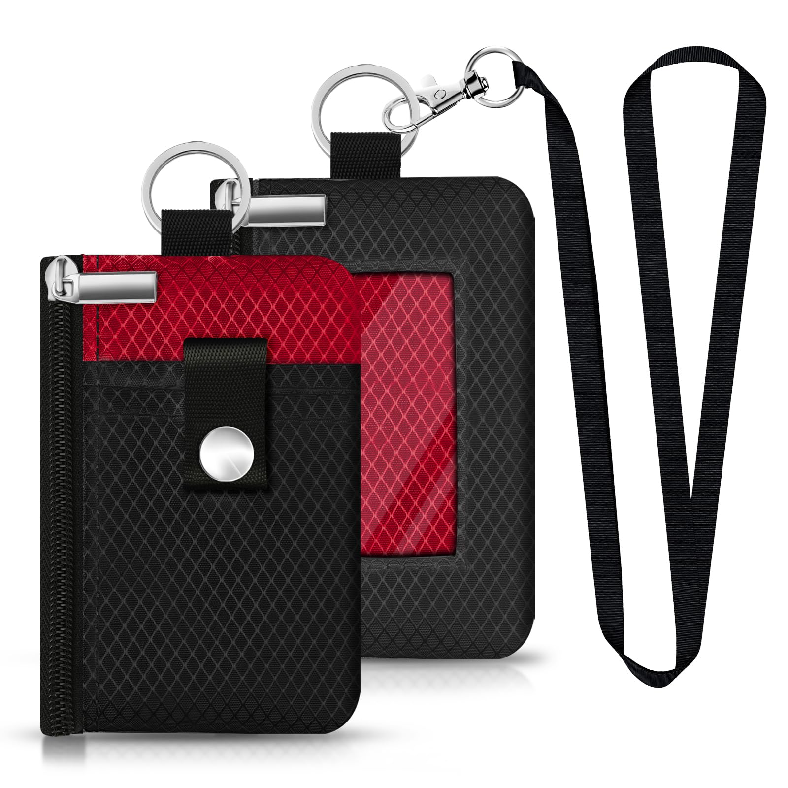 Minimalist RFID Blocking Small Wallet with ID Window,WaterResistant Zip Id Case Wallet with Lanyard Keychain for Cards,Cash,Travel,Women,Men (Black/Red)