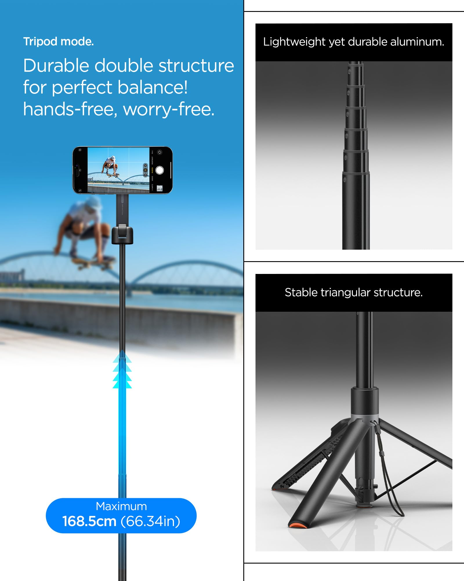 Spigen Treppiede One Push S581W, Bastone Selfie 168,5cm, Apertura Automatica, MagSafe Doppio, Bluetooth 4.2, Compatibile con iPhone, Galaxy, Pixel, Xiaomi, OnePlus e altri - Nero
