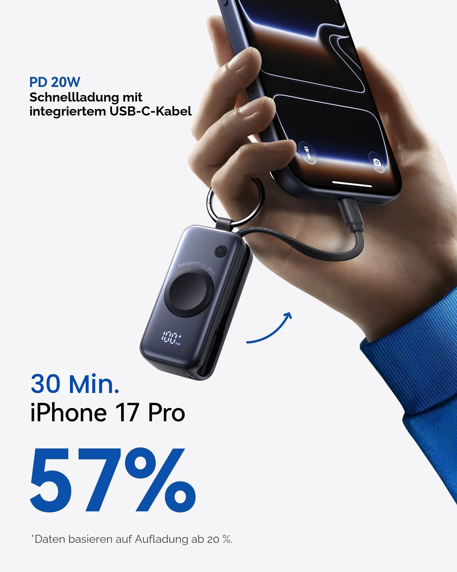 INIU Powerbank, Taschengröße, 20 W, 5000 mAh, tragbares Ladegerät, Schnelllade-Powerbank mit integriertem USB-C-Kabel und Schlüsselanhänger, Akkupack für Apple Watch Ultra 11 10 9 8 7 SE, iPhone 17 16