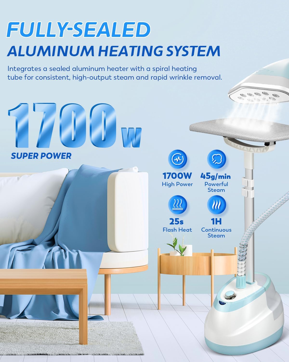 Garment Steamer for Clothes Standing Flat Hanging Ironing Suitable for All Fabric Types, Rapid Heats in 25s for 1 Hour Continuous Steam, with Garment Hanger, Ironing Board, Ironing Gloves