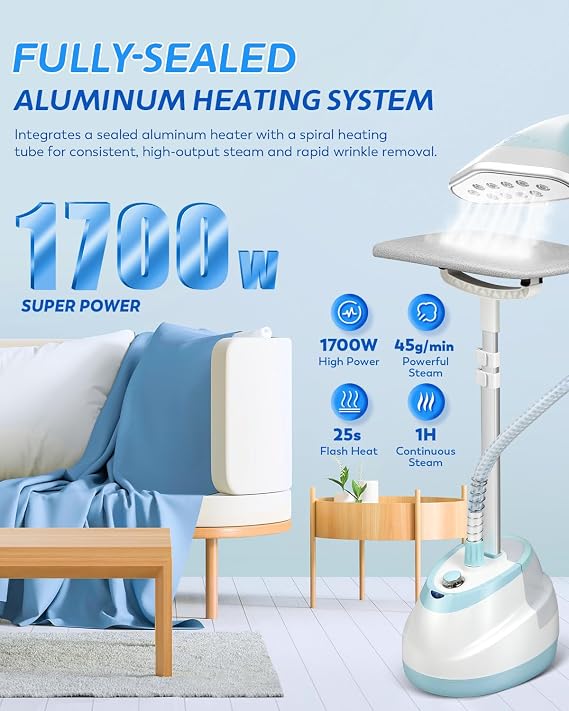 Garment Steamer for Clothes Standing Flat Hanging Ironing Suitable for All Fabric Types, Rapid Heats in 25s for 1 Hour Continuous Steam, with Garment Hanger, Ironing Board, Ironing Gloves