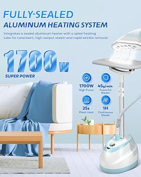 Garment Steamer for Clothes Standing Flat Hanging Ironing Suitable for All Fabric Types, Rapid Heats in 25s for 1 Hour Continuous Steam, with Garment Hanger, Ironing Board, Ironing Gloves