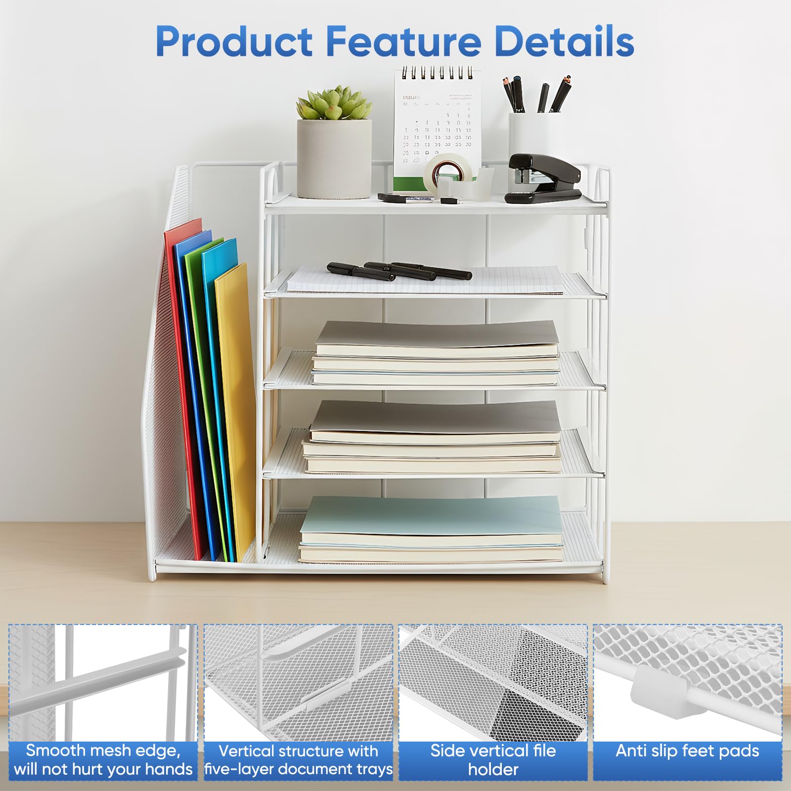 Organizzatore da scrivania a 5 livelli con cassetto – Portariviste verticale per documenti A4 e portariviste per home office e ufficio, bianco
