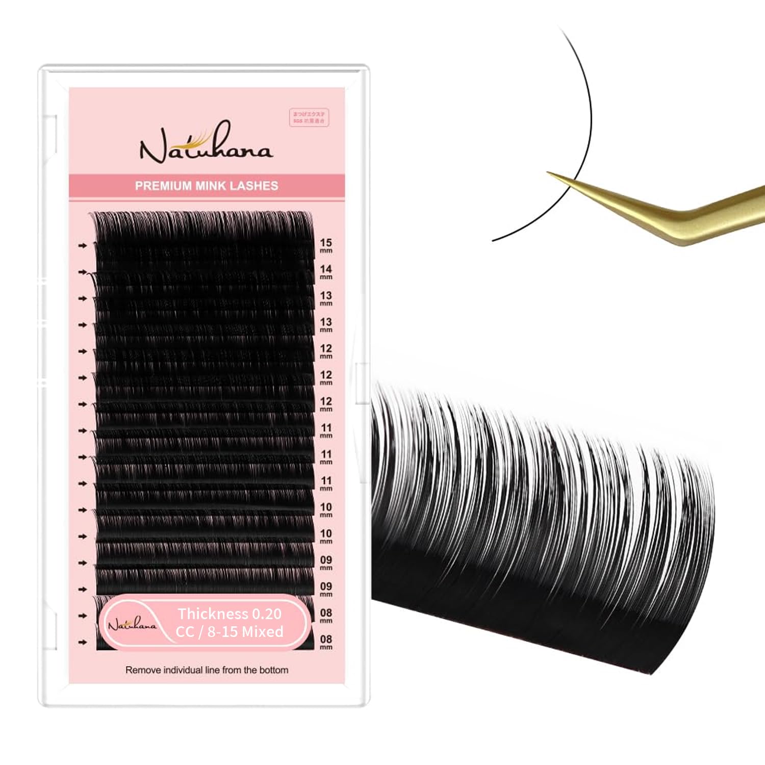 NATUHANA Classic Volume Eyelash Extension 0.20mm CC Curl 8-15mm Single Length Tray Black Soft Individual Lashes 16 Rows, Professional Supplies for