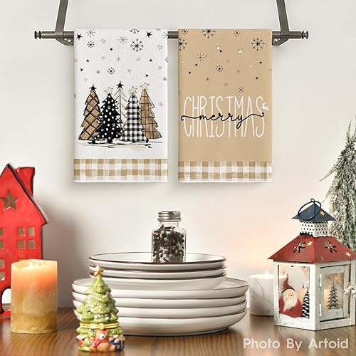 Miniatura 2 de Artoid Mode Juego de 2 toallas de cocina con diseño de árbol de Navidad, diseño de copos de nieve marrones, diseño de árbol de Navidad, 18 x 26